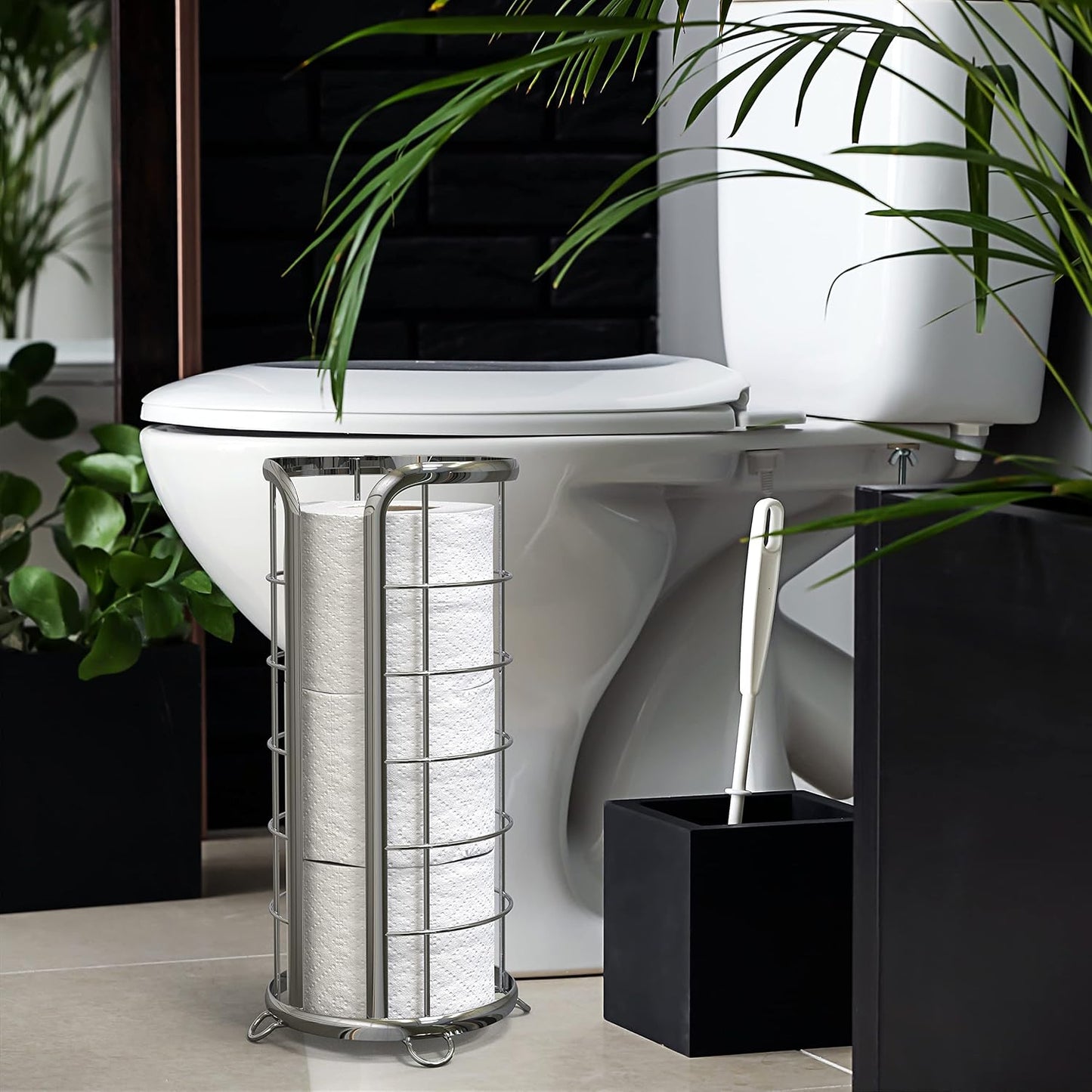 BROOKSTONE, Shiny Chrome Toilet Paper Holder, Freestanding Bathroom Tissue Organizer, Minimalistic Storage Solution