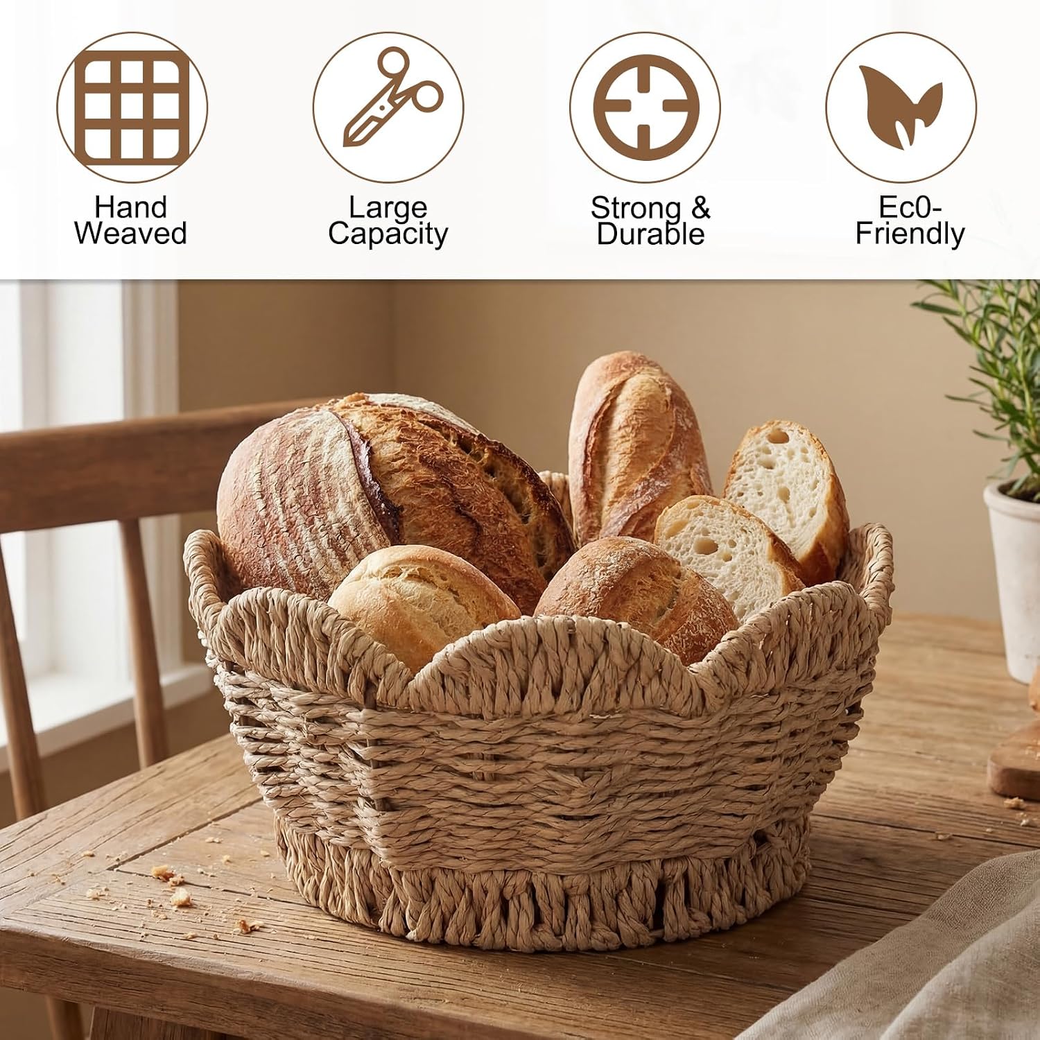 Scalloped Woven Basket Large Coastal Hand-woven Round Tabletop Organizer for Fruit Bread Kitchen