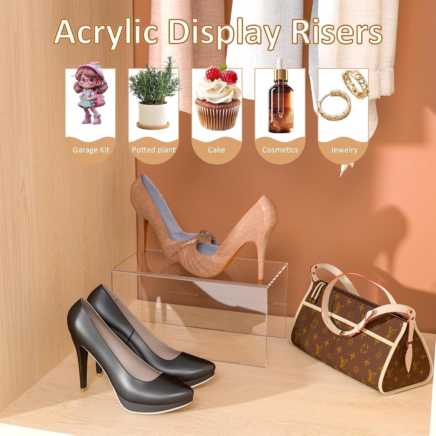 Sezanrpt Acrylic Shelf Riser 12x5.9x6 pack of 2, Large Acrylic Risers for Desserts, Cupcake, Toys, Collectibles