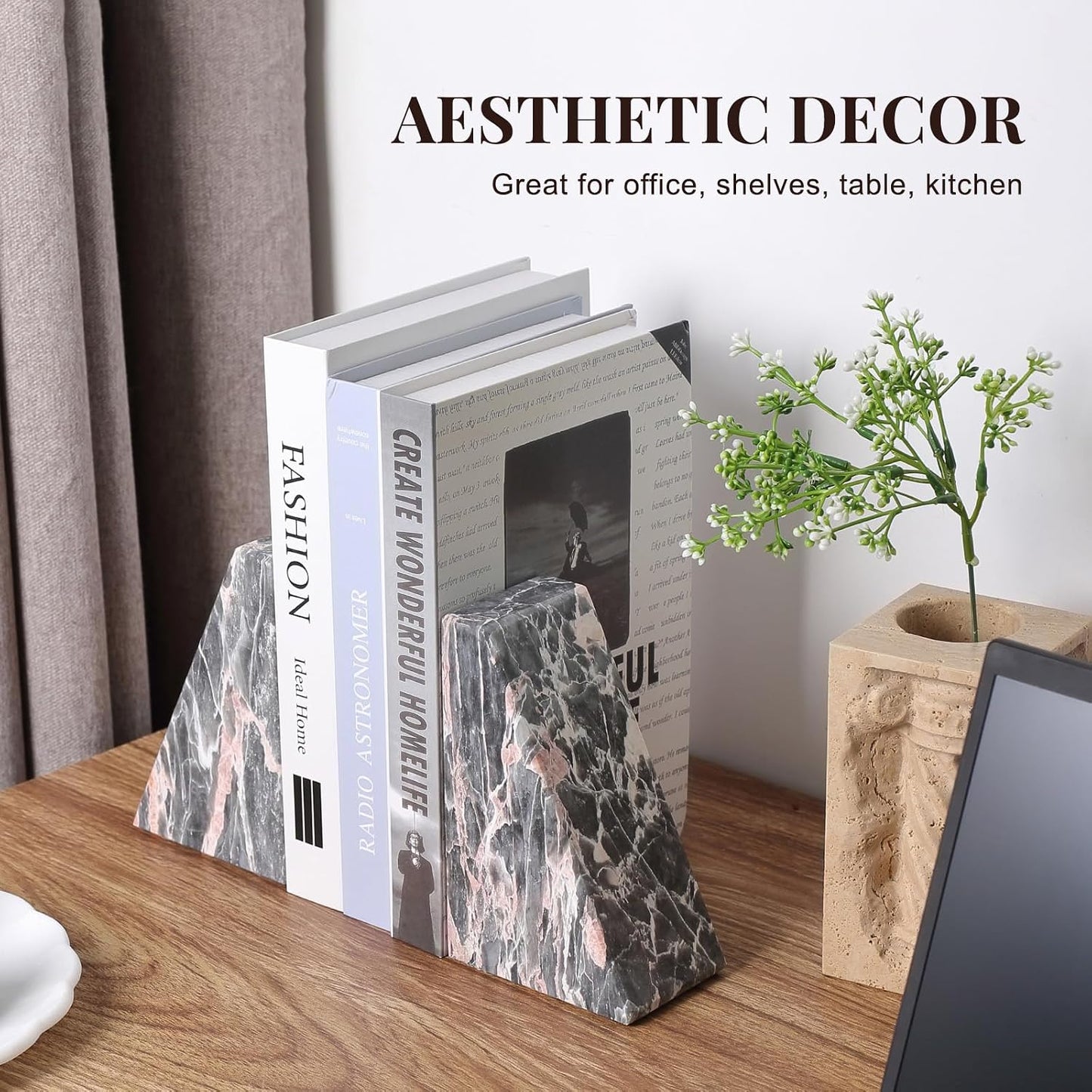 Marble Bookends / Large Bookends for Heavy Books / Grey&pink