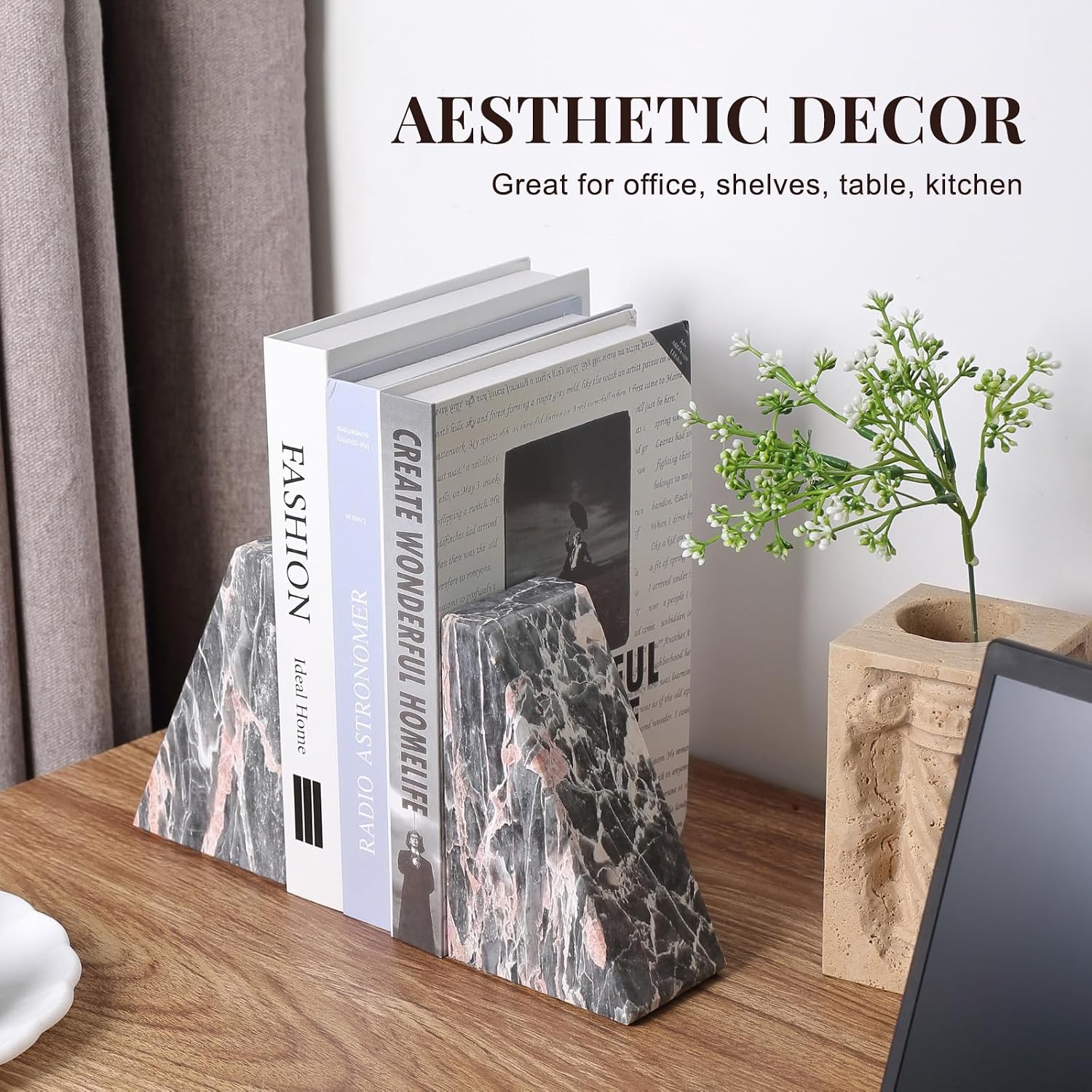Marble Bookends / Large Bookends for Heavy Books / Grey&pink