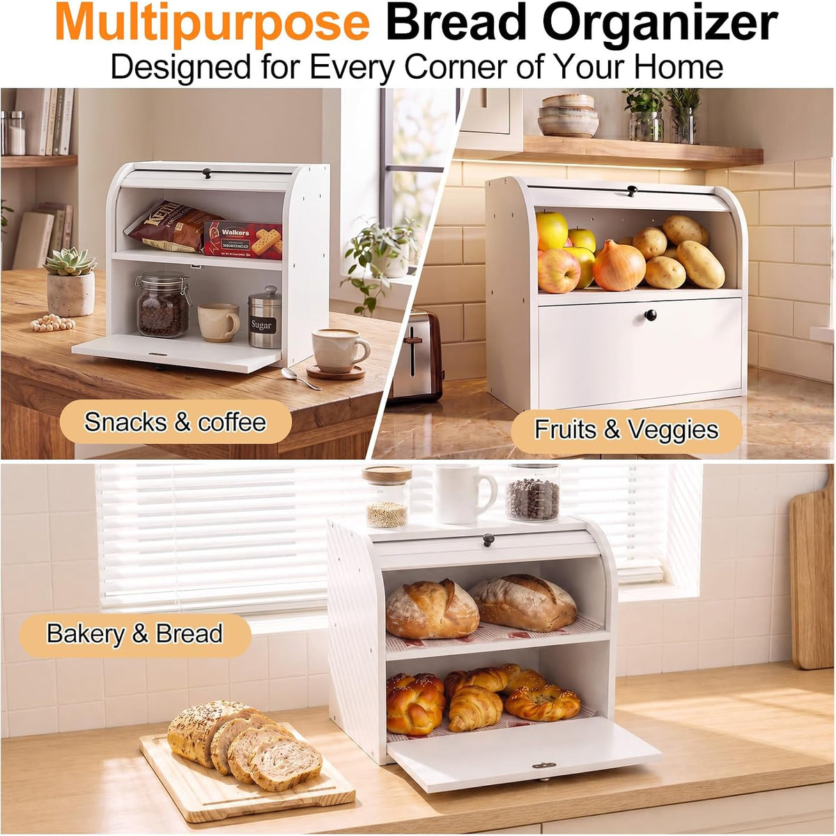 Alpeir Roll Top Bread Box with Cutting Board for Kitchen Countertop, White | Large Breadbox with Ventilation Holes