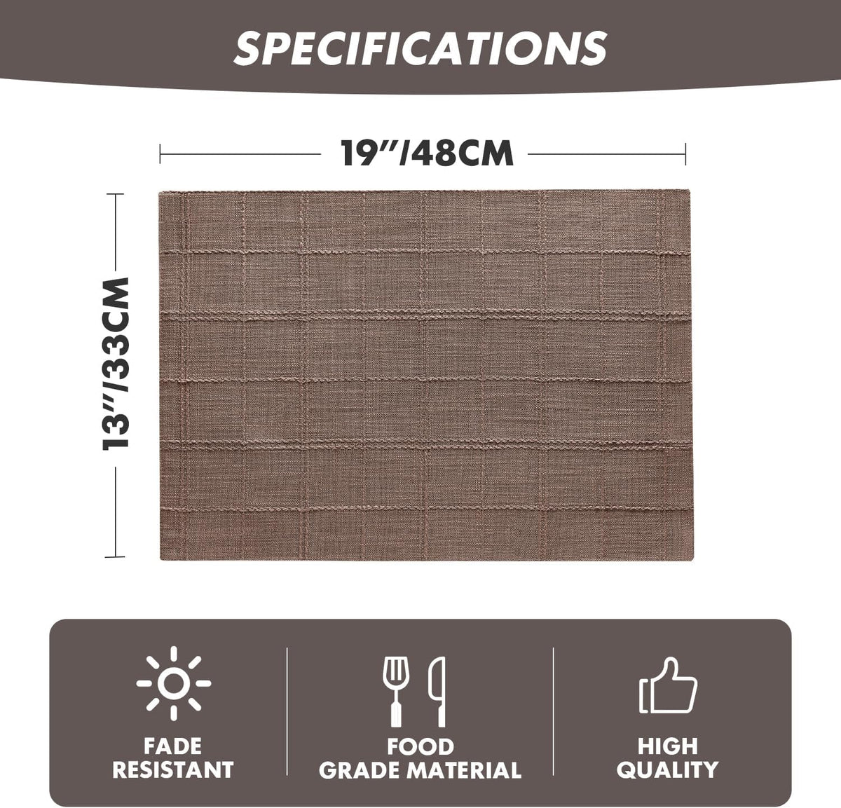Linen Checked Farmhouse Placemats Set of 4, Cocoa Brown 13x19in | Double Layer, Reversible, Thick Textured Table Mats