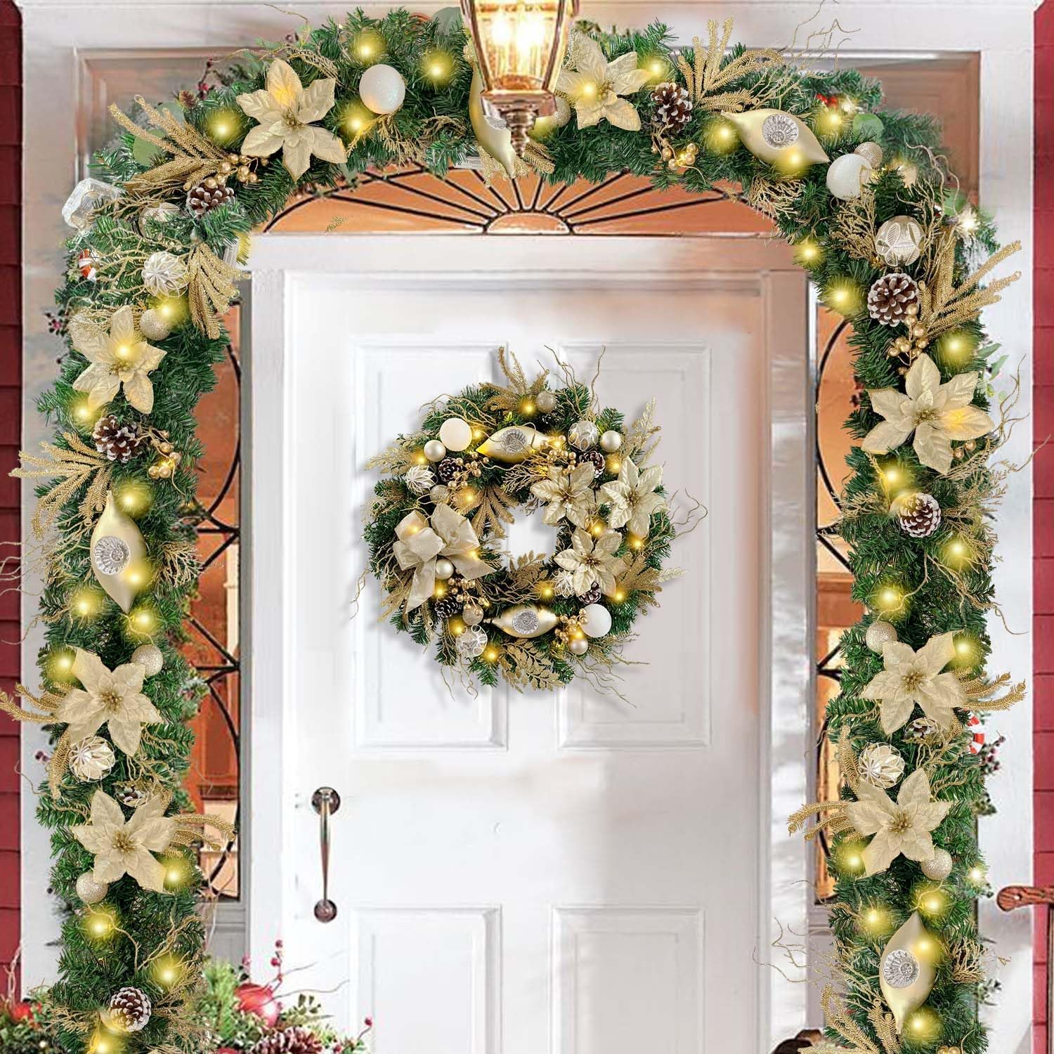 WANNA-CUL Pre-Lit 6 Feet/72 Inch Christmas Garland for Front Door with Lights Champagne Gold Christmas Mantel Garland