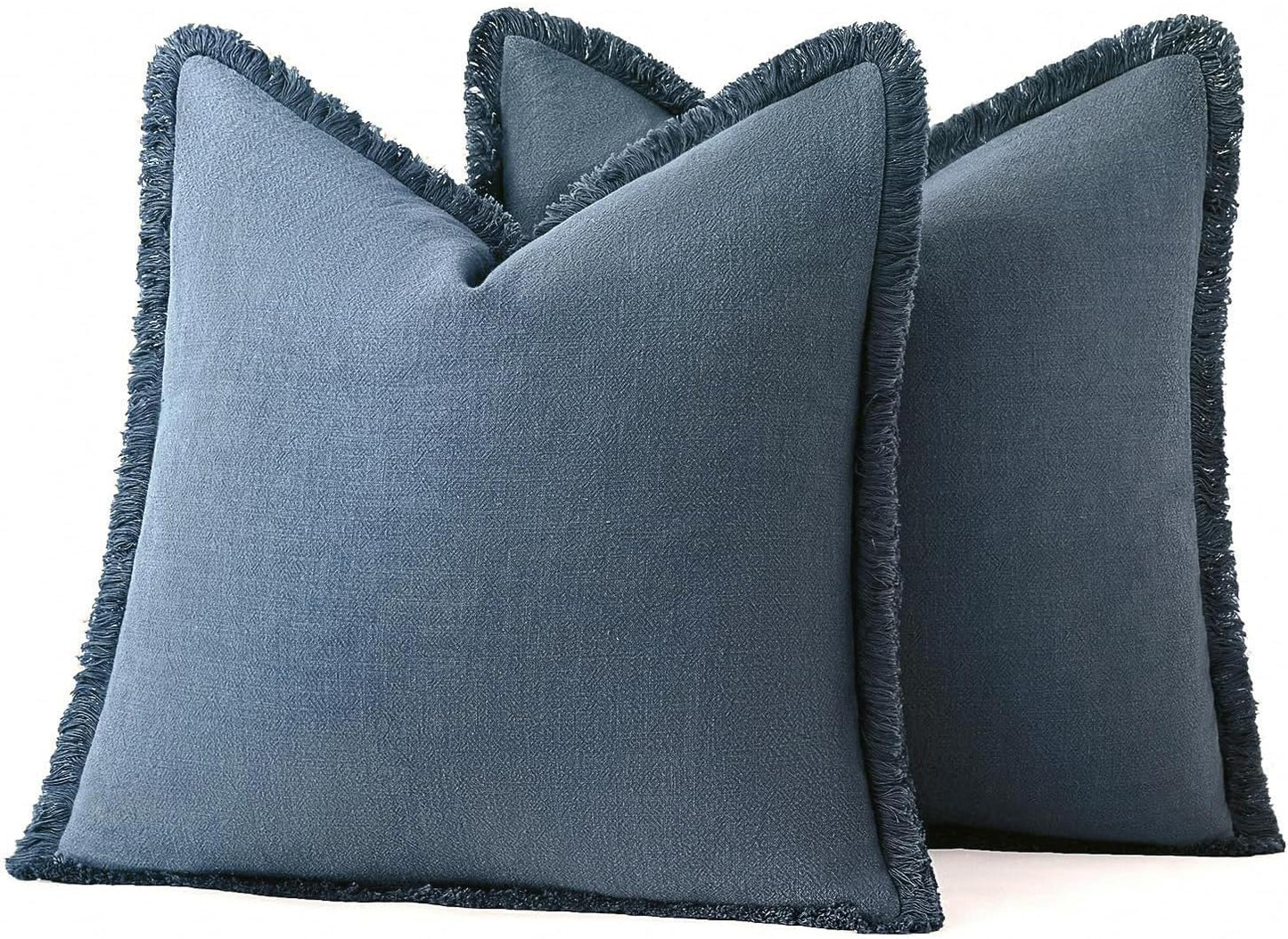 Decorative Throw Pillow Covers Neutral Linen Fringe Throw Pillows / 20 x 20 / Blue Ashes / Set of 2