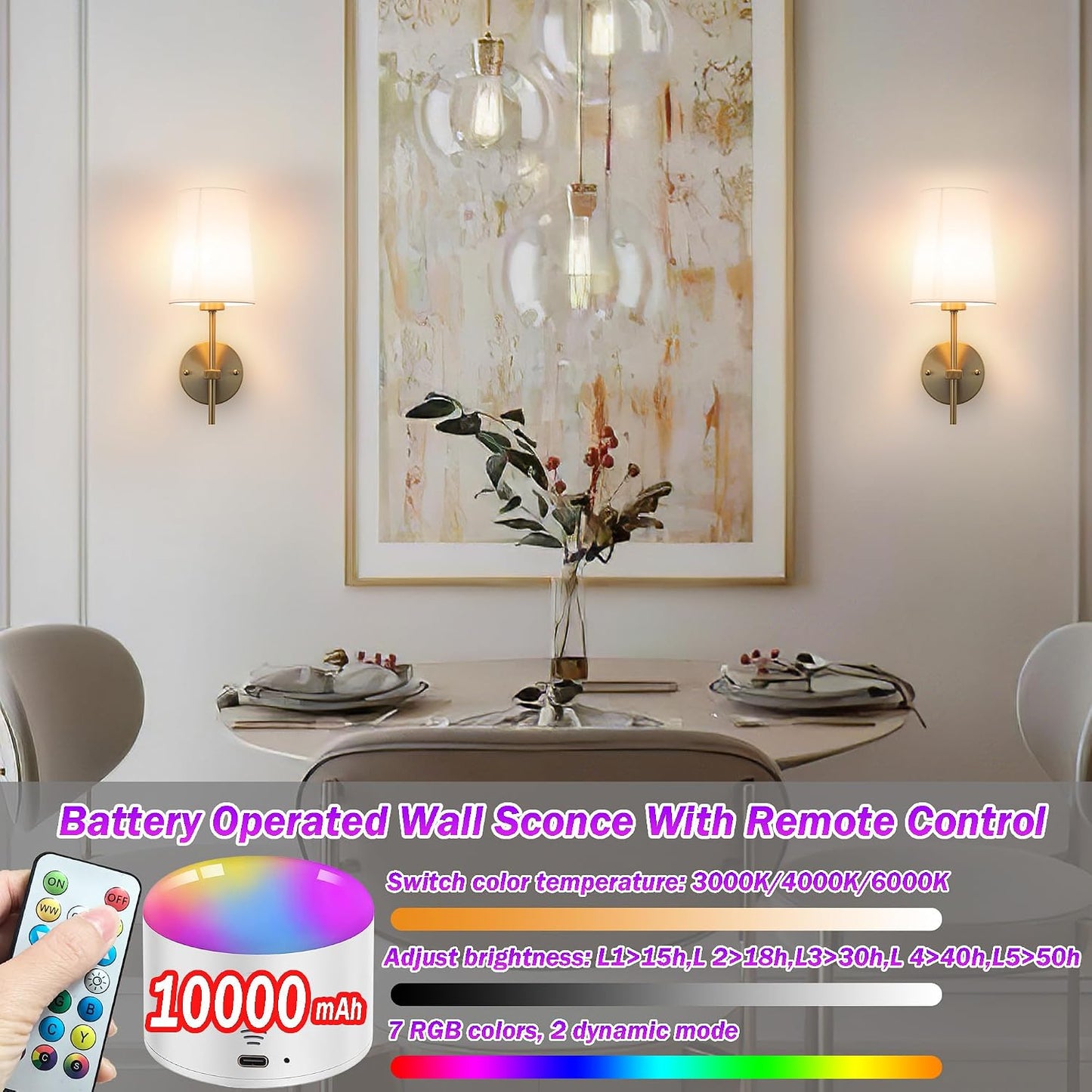Battery Operated Wall Sconce Set of 2, Wireless Dimmable Battery Powered Wall Lamp with Remote Control,battery Wall