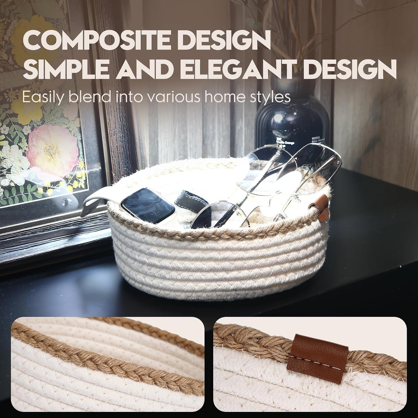 Small Cotton Rope Storage Basket Set / White & Jute / Set of 3