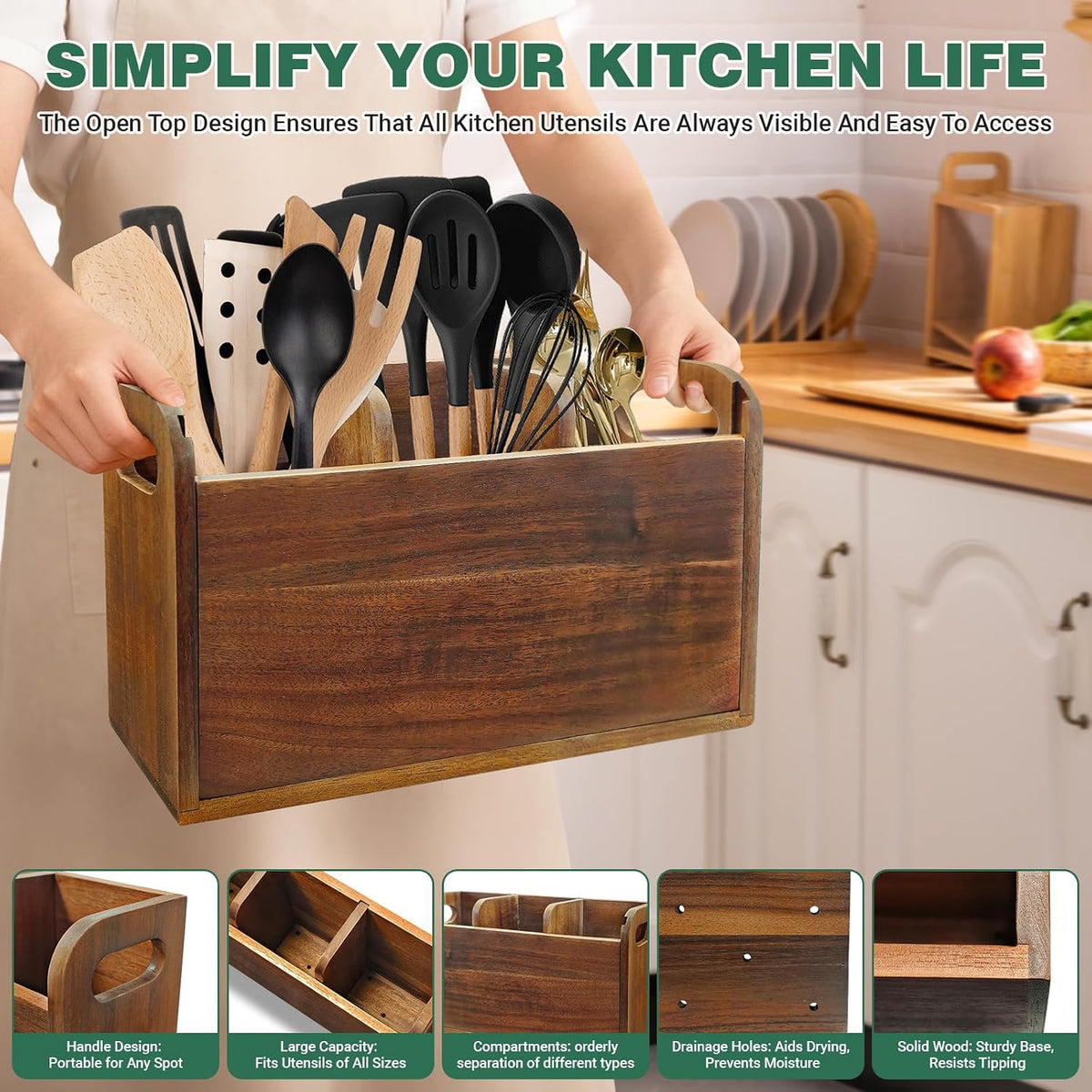 Kitchen Utensil Holder for Countertop with 3 Compartments，Acacia Wood Utensil Holder Cooking Spatula Organizer Large