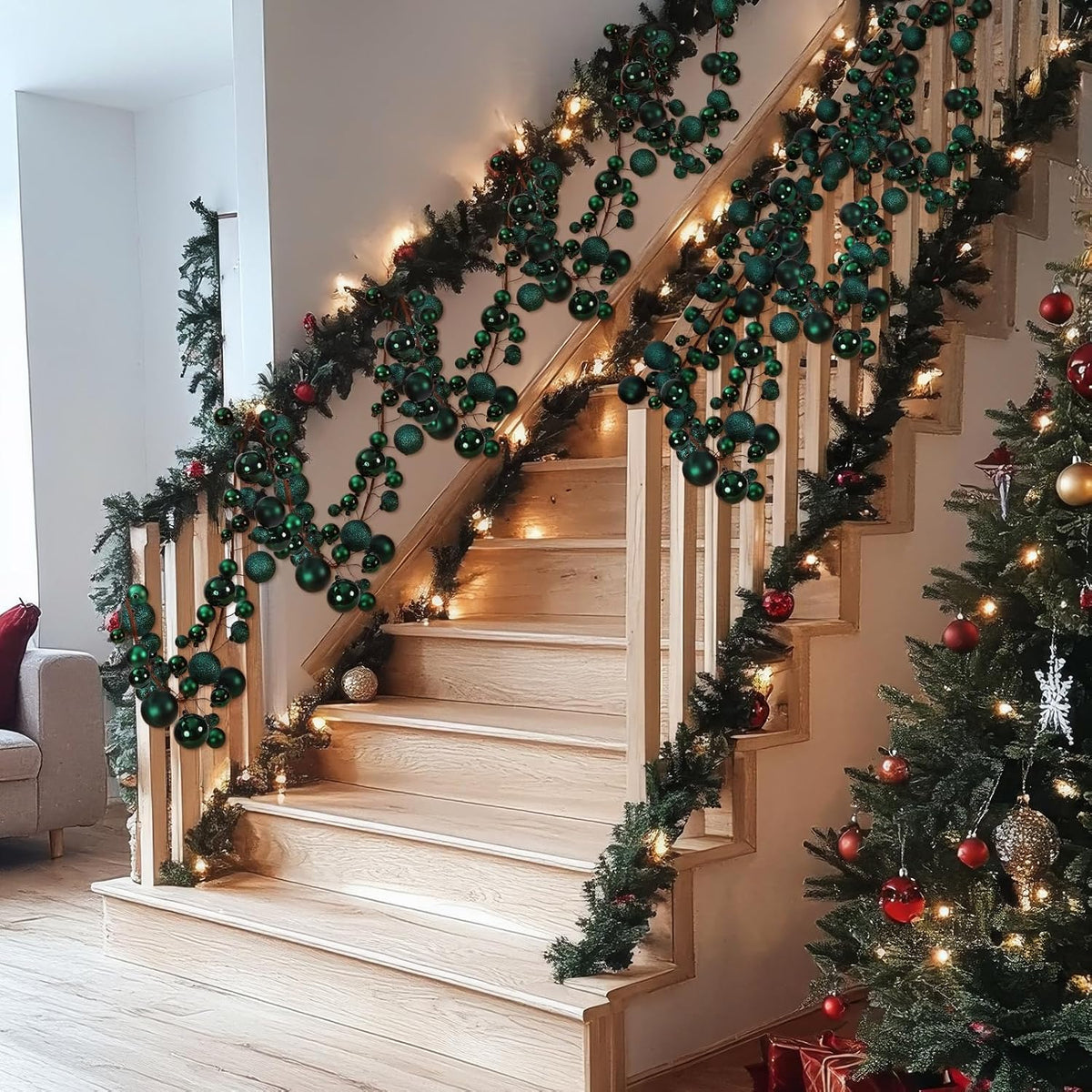 2 Pcs 6 ft Christmas Ball Ornament Garland, Dark Green | Bauble Bulb Christmas Tree Ball Decoration Shatterproof