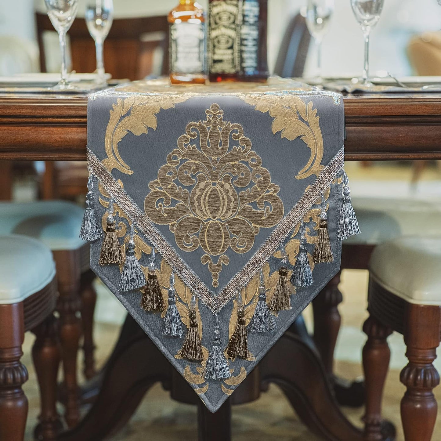 Loom and Mill Luxury Damask Table Runner 72 Inches Long, Grey Blue | Traditional Jacquard Table Runners with Handmade