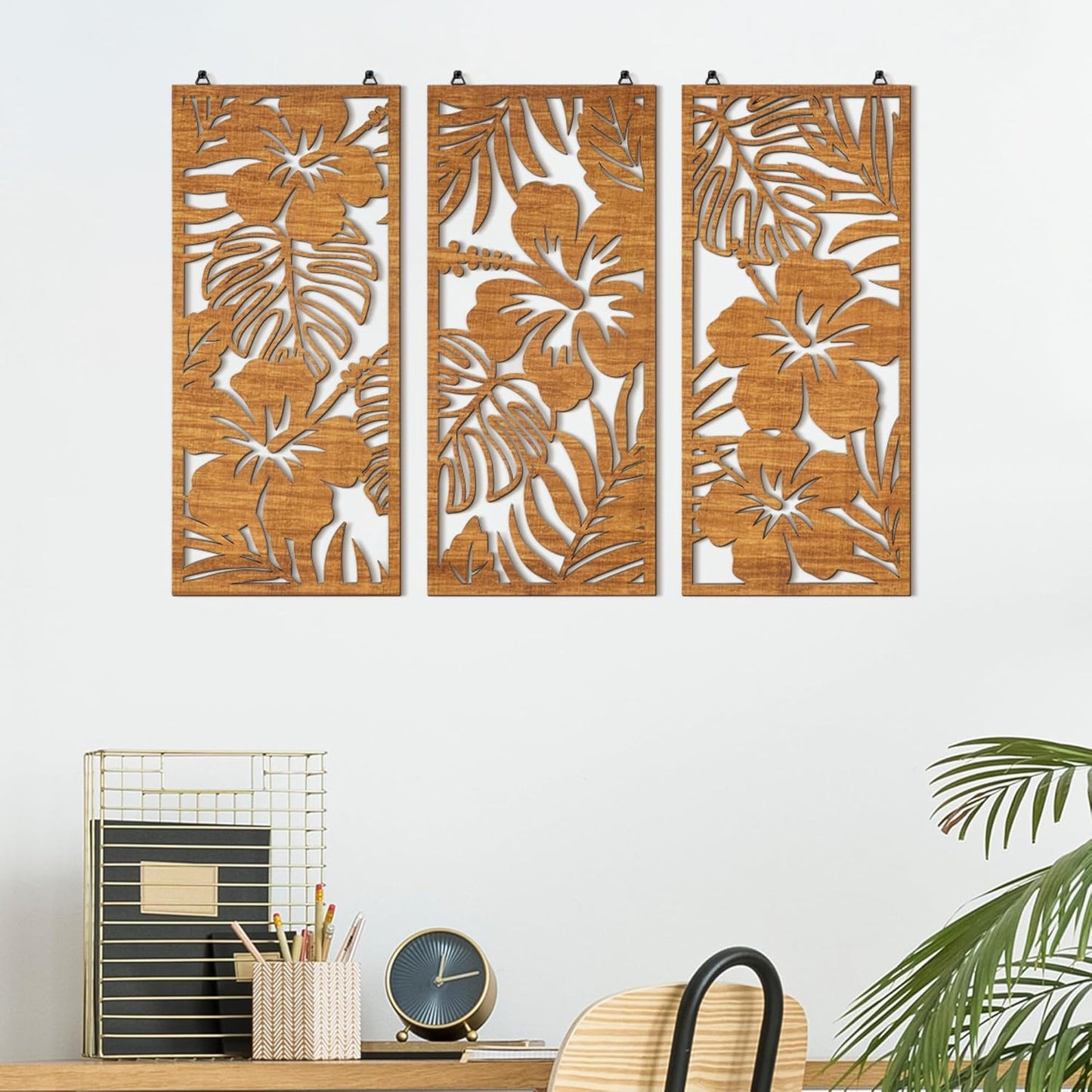 Tropical Wall Decor 3d Wooden Palm Leaf Wall Art Monstera Sculptures Wood / Classic / Set of 3