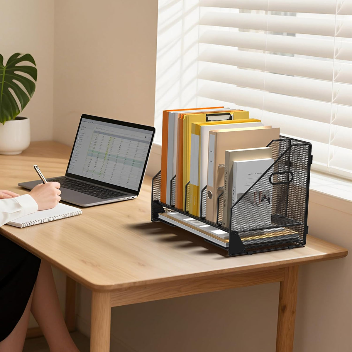 5 Vertical Mesh Desk Organizer with Paper Letter Tray, Black | Sorting racks with lower letter tray section.