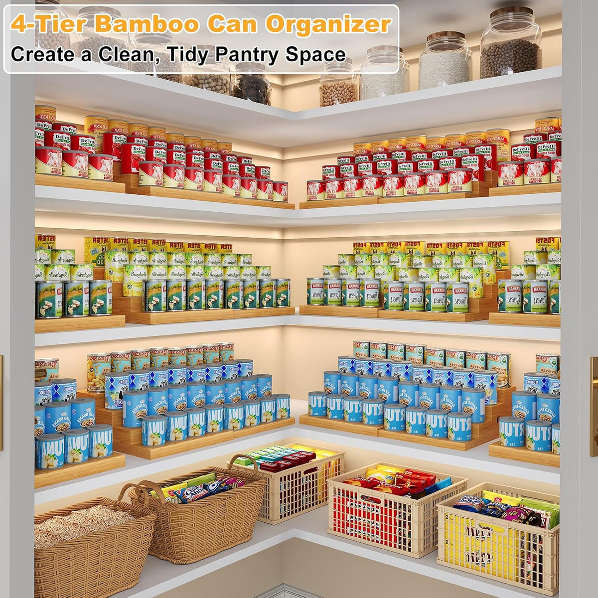 4-Tier Expandable Bamboo Can Storage Rack for Pantry, Holds Up to 32 Cans | Adjustable Can Organizer & Soda Can