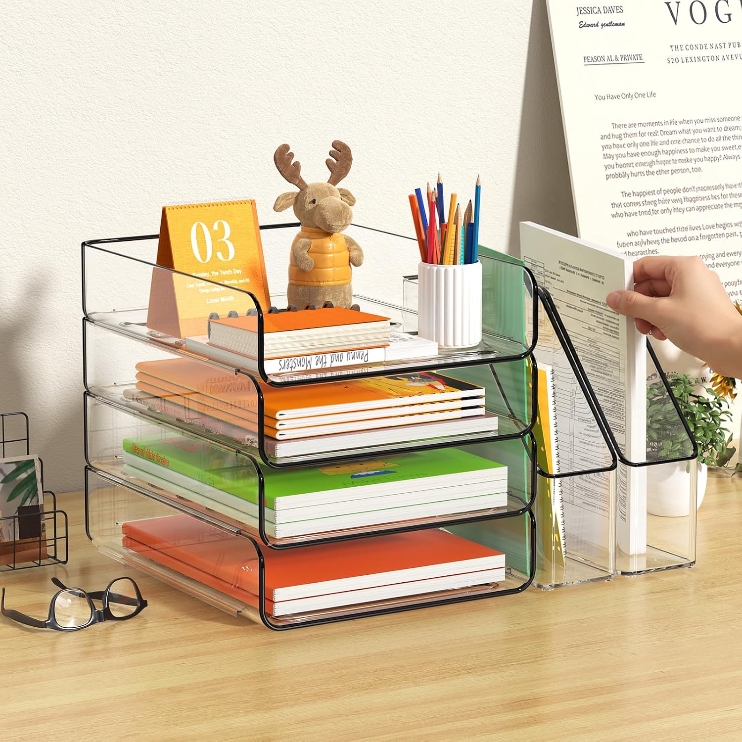 4-Tier Acrylic Paper Tray Organizer / Clear / Vertical