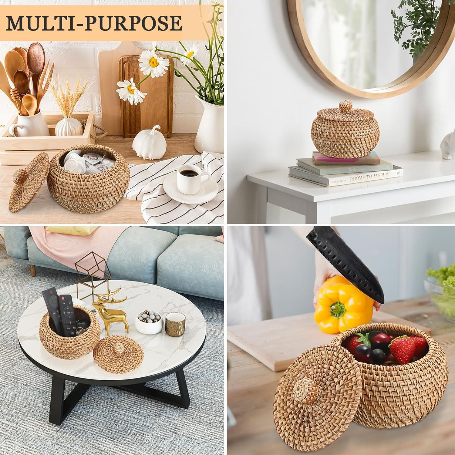 Round Rattan Basket Boxes / 4.7 x 3.3 / Small / Natural Color