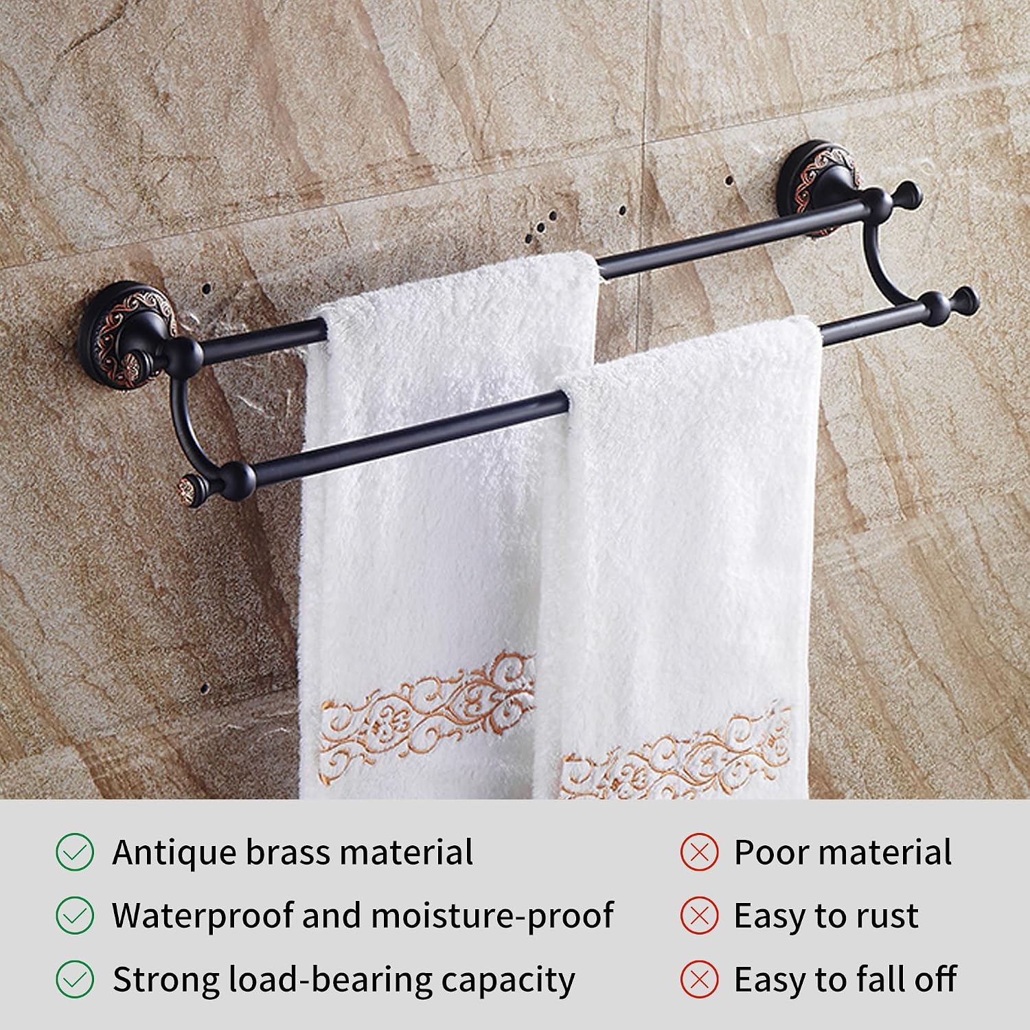 Oil Rubble Bronze Brass Double Towel Bar, Adjustable 15.5 to 27.5 Inch Bath Towel Bar Rack for Bathroom Towel Holder