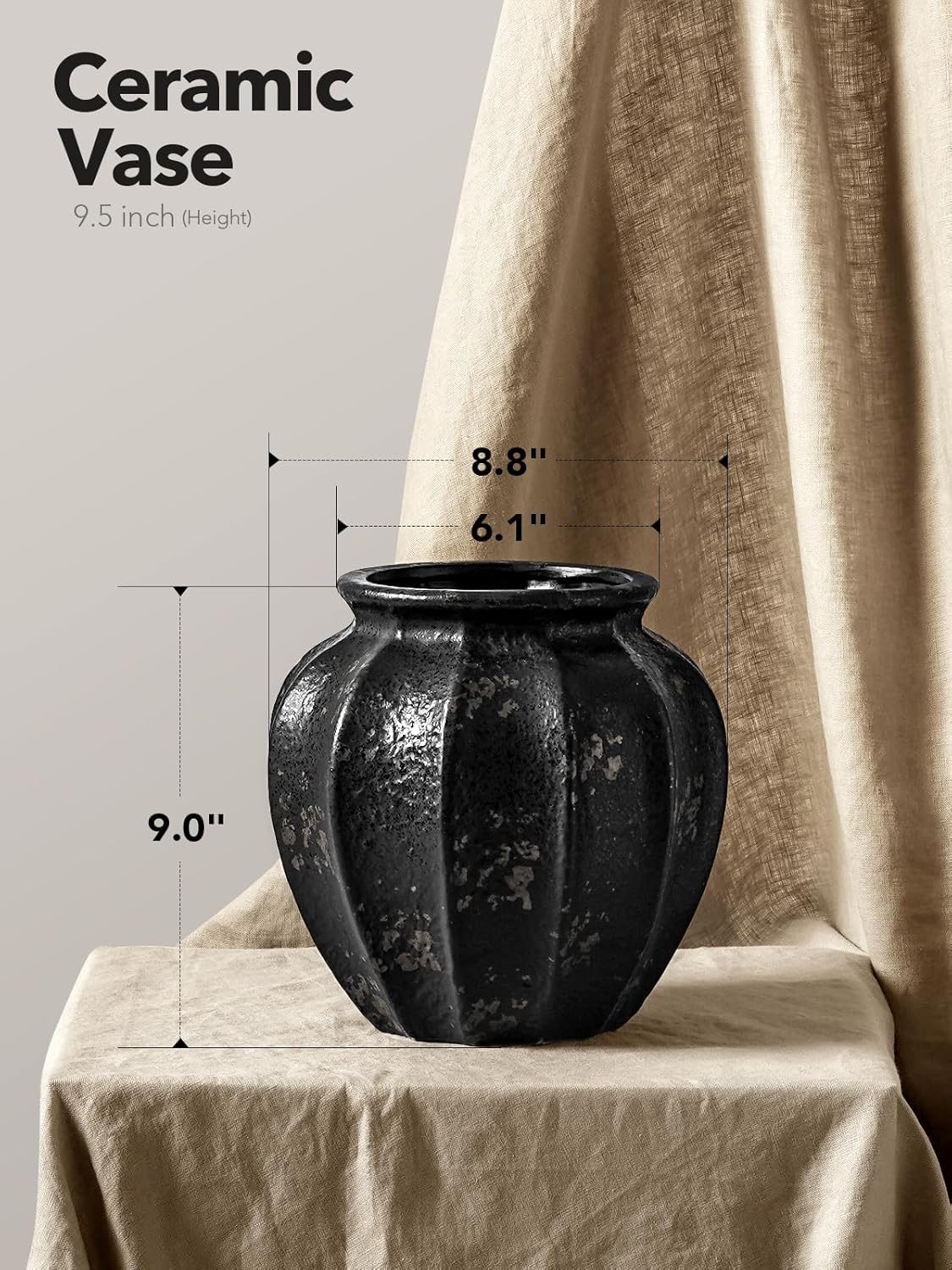 Ceramic Vase / Distressed Iron Black / 9 Inch