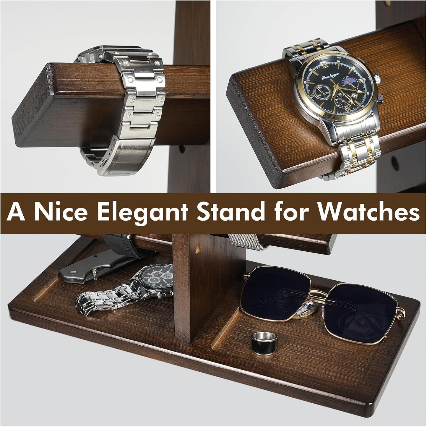 ikkle Watch Holder Stand with Charging Station Wooden Watch Display Tower Jewelry Organizer for Rings, Coins Bracelets