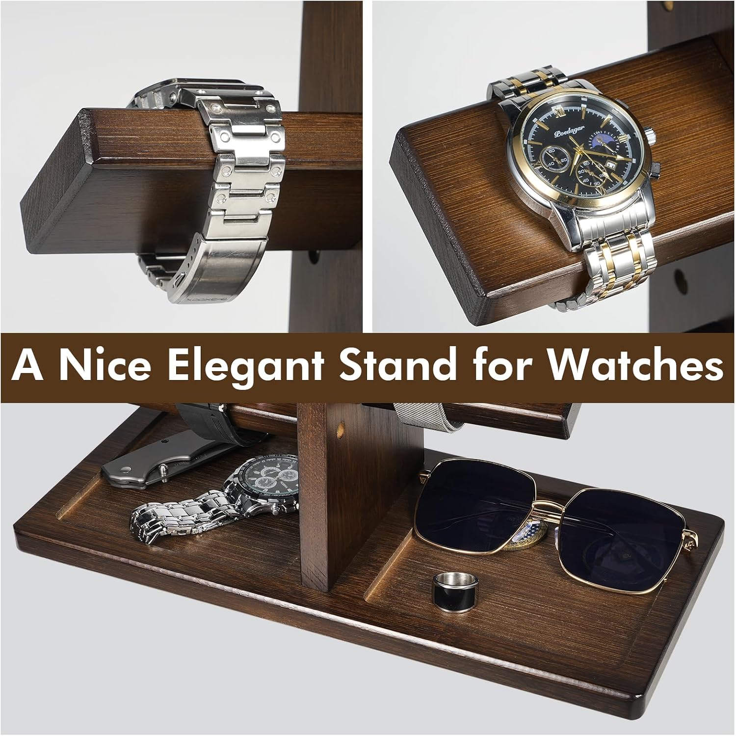 ikkle Watch Holder Stand with Charging Station Wooden Watch Display Tower Jewelry Organizer for Rings, Coins Bracelets