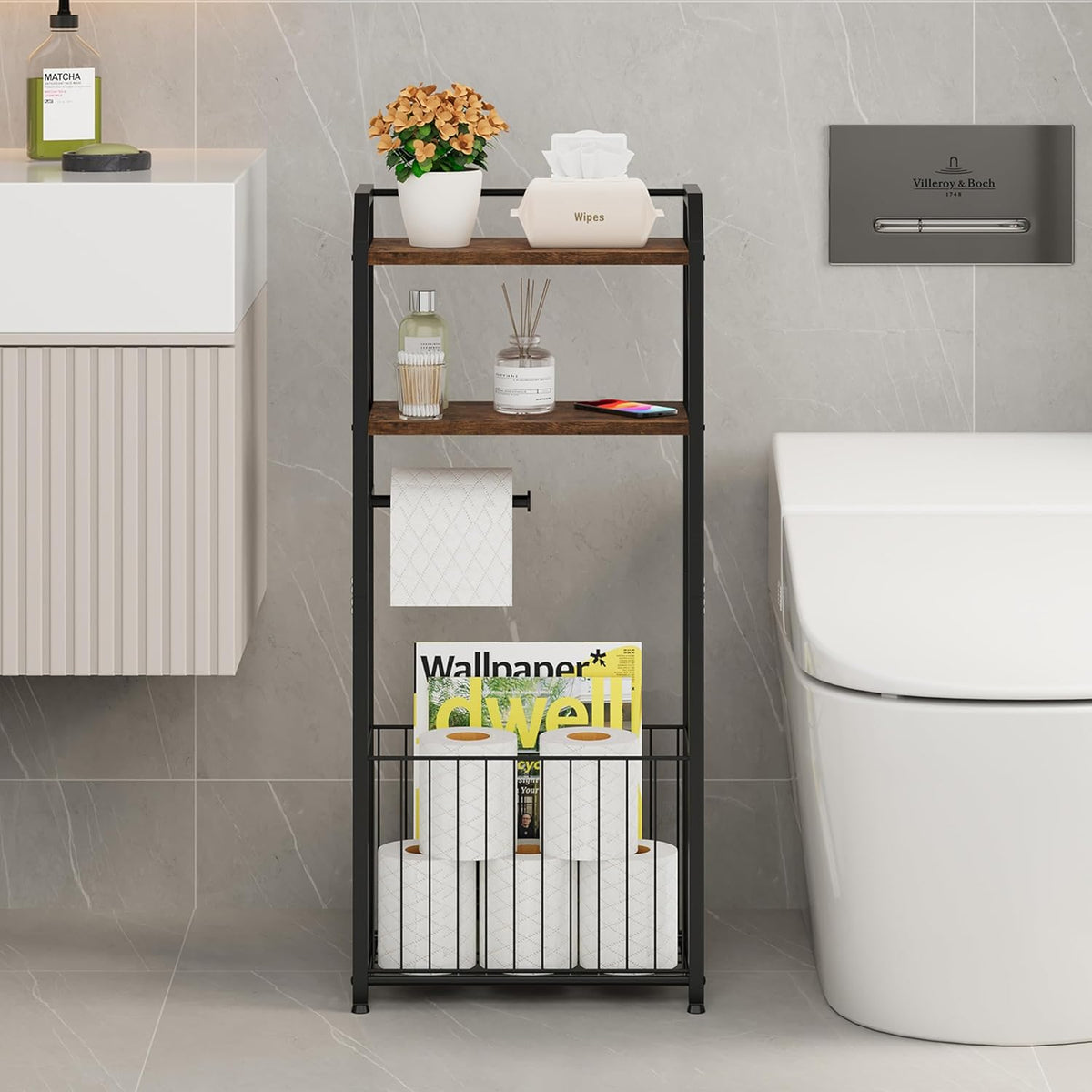 HapiRm Freestanding Toilet Paper Holder - 4-Tier Bathroom Tissue Organizer with Wood Shelves and Large Basket, Toilet