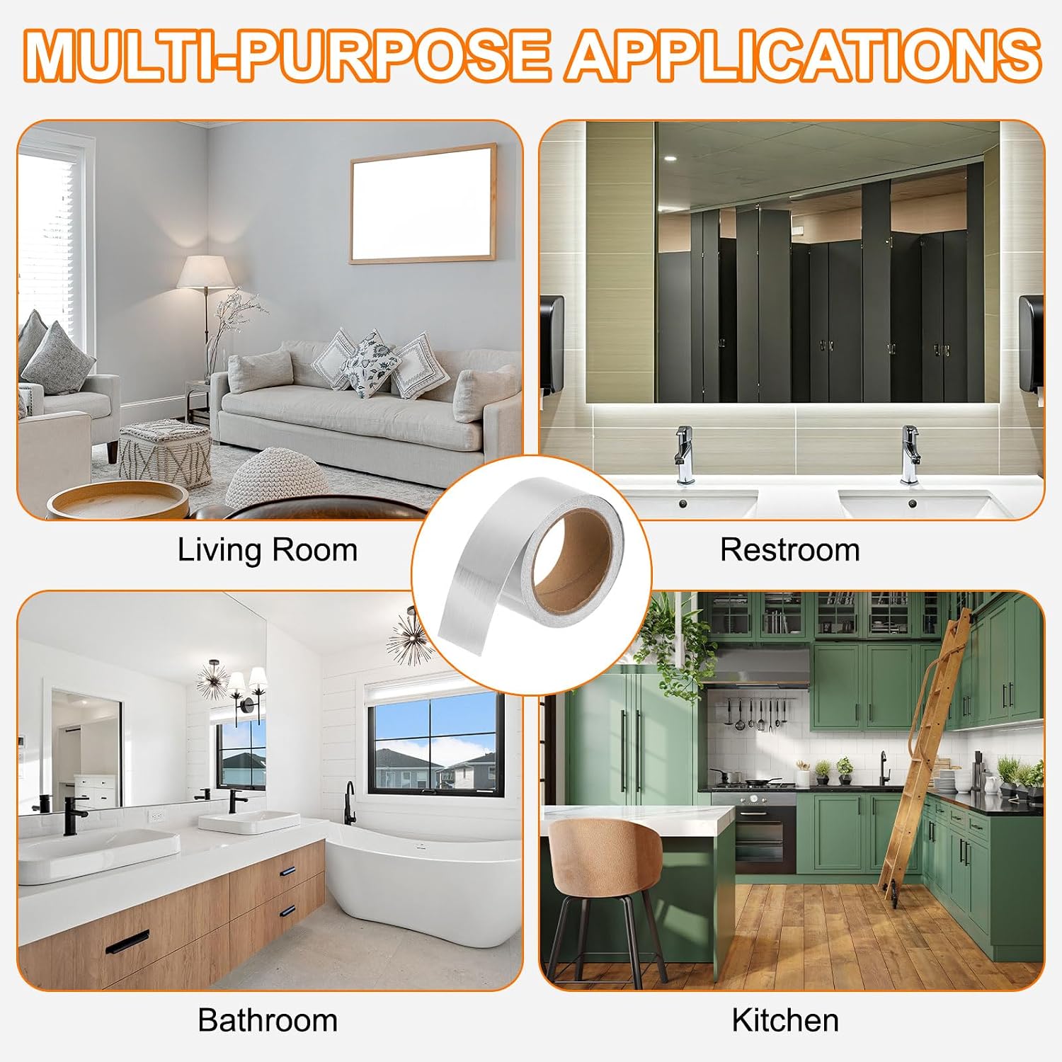 Mirror Border Peel and Stick Wood Grain Tape ft Foil Self-Adhesive / Brushed Silver / 2 x 39 / FT