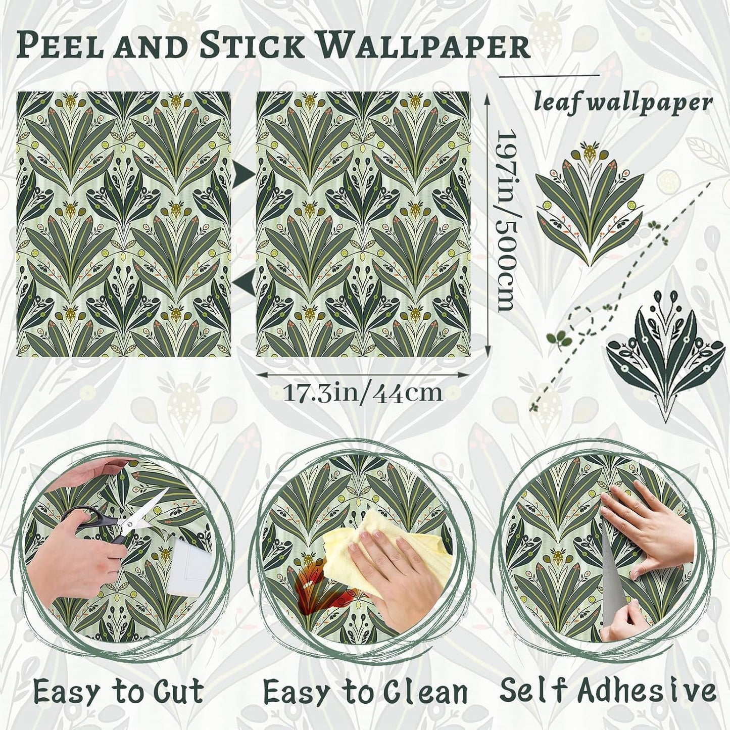 Leaf Wallpaper Peel and Stick Wallpaper " Modern Botanical Contact Paper / 17.3 x 197 / Green