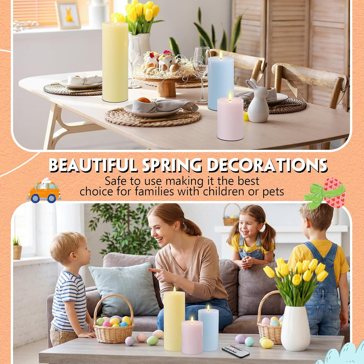 3 Pcs Easter 6/8/12 Inches Large Flameless LED Candles with Remote and 2/4/8 H Timer Yellow Pink and Blue Battery