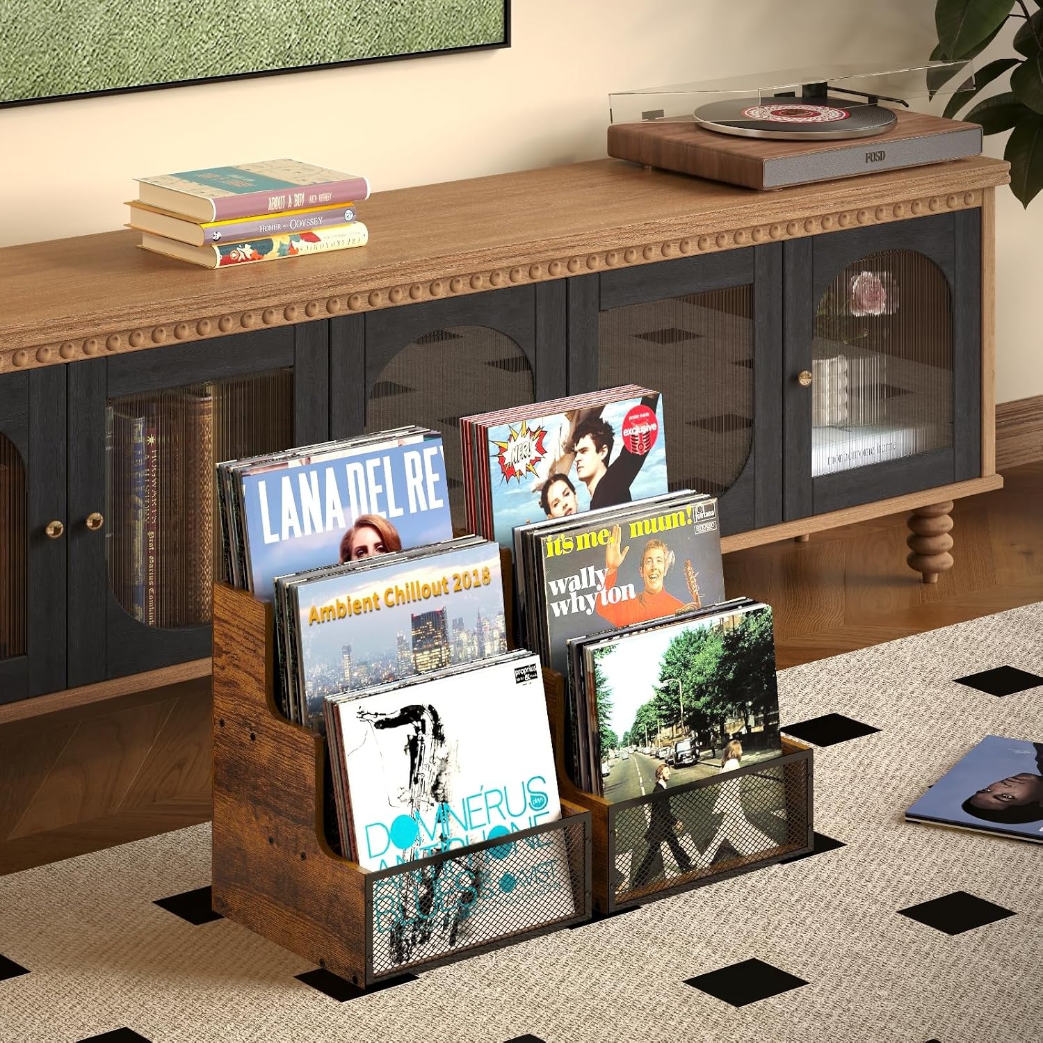 3-Tier Vinyl Record Storage Crate, Holds 60+ LP Albums, Retro Wood & Metal | Stepped Vinyl Record Holder, Desktop Album