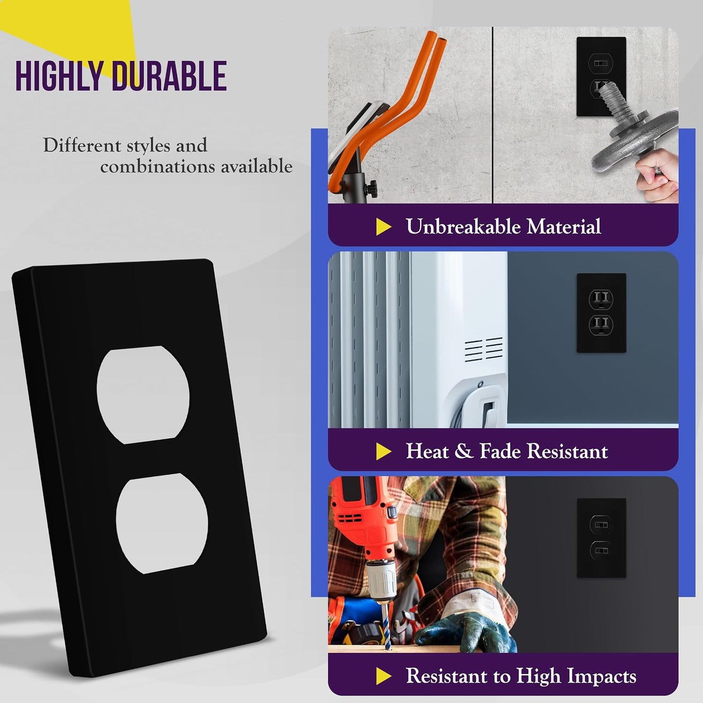 ENERLITES 5 Pack Screwless Duplex Outlet Covers Wall Plate, 1-Gang, Black | Child safety, modern & clean finish