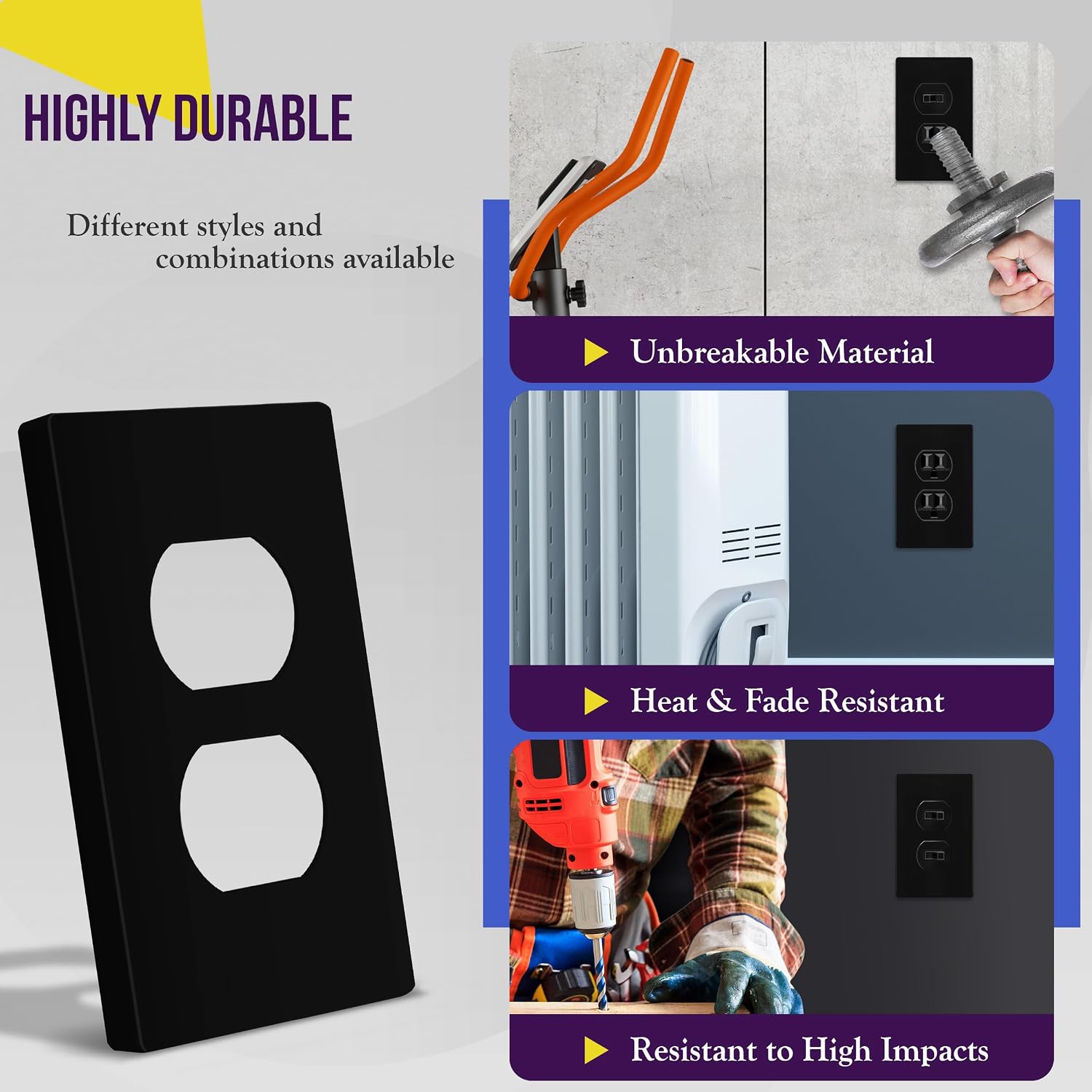 ENERLITES 5 Pack Screwless Duplex Outlet Covers Wall Plate, 1-Gang, Black | Child safety, modern & clean finish