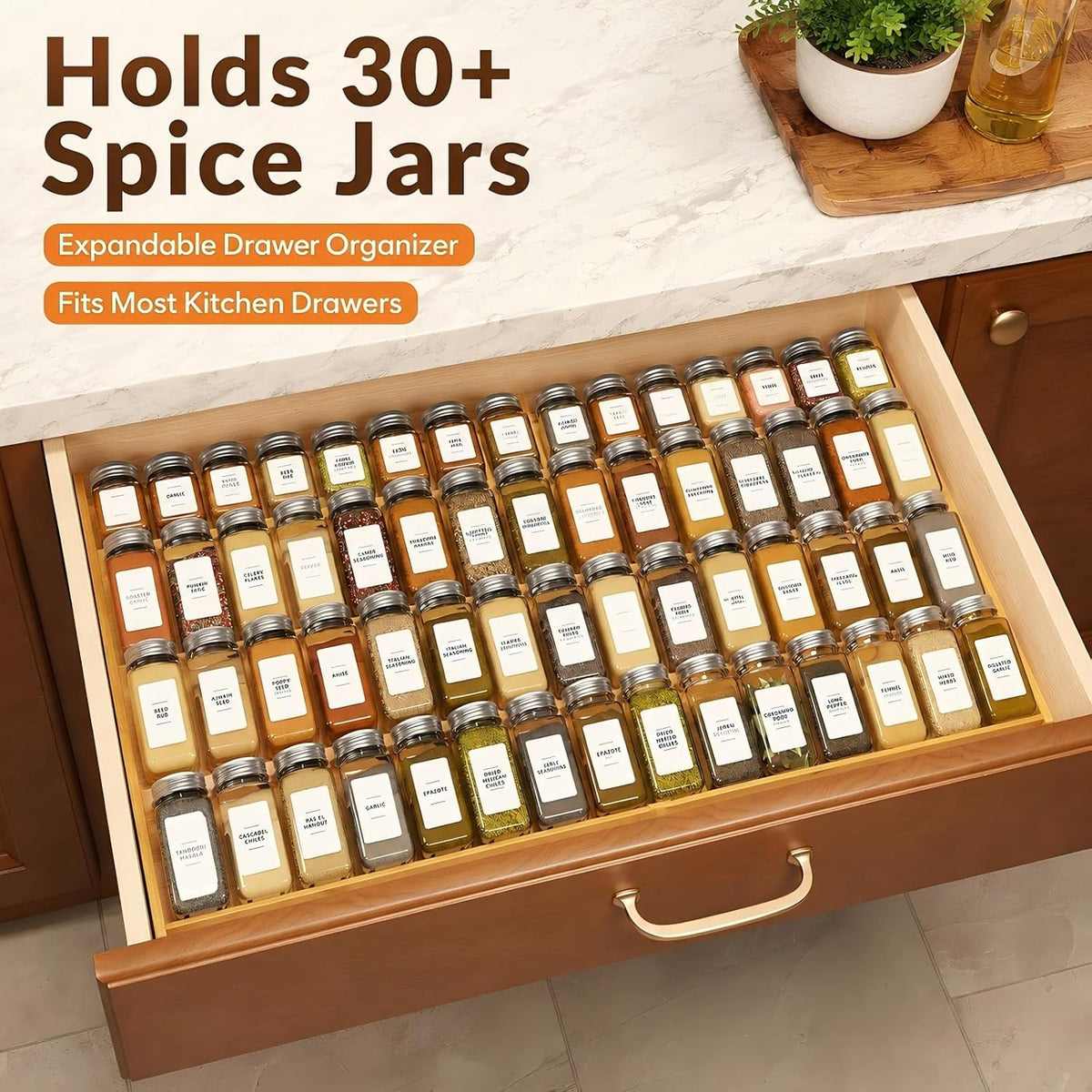 Bamboo Spice Drawer Organizer Expandable(Fits 2.6" Deep or Deeper Drawers), 4-Tier Spice Rack Drawer Insert for Kitchen