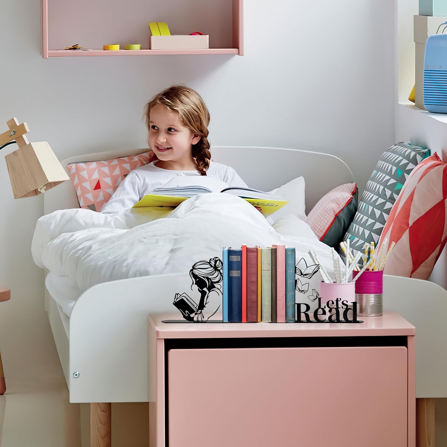 Metal Girl Reading Book Bookends / Black