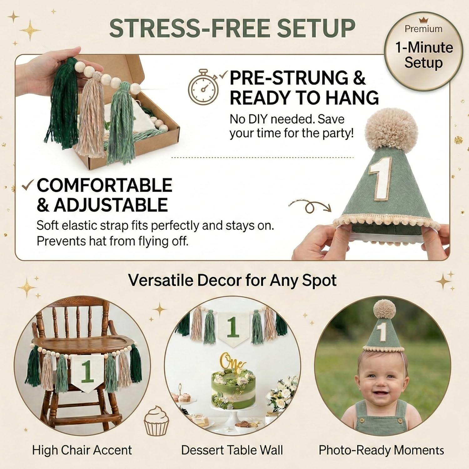 Cone Hat And Cake Topper Wood Bead Tassel Garland First Birthday Decorations / Green