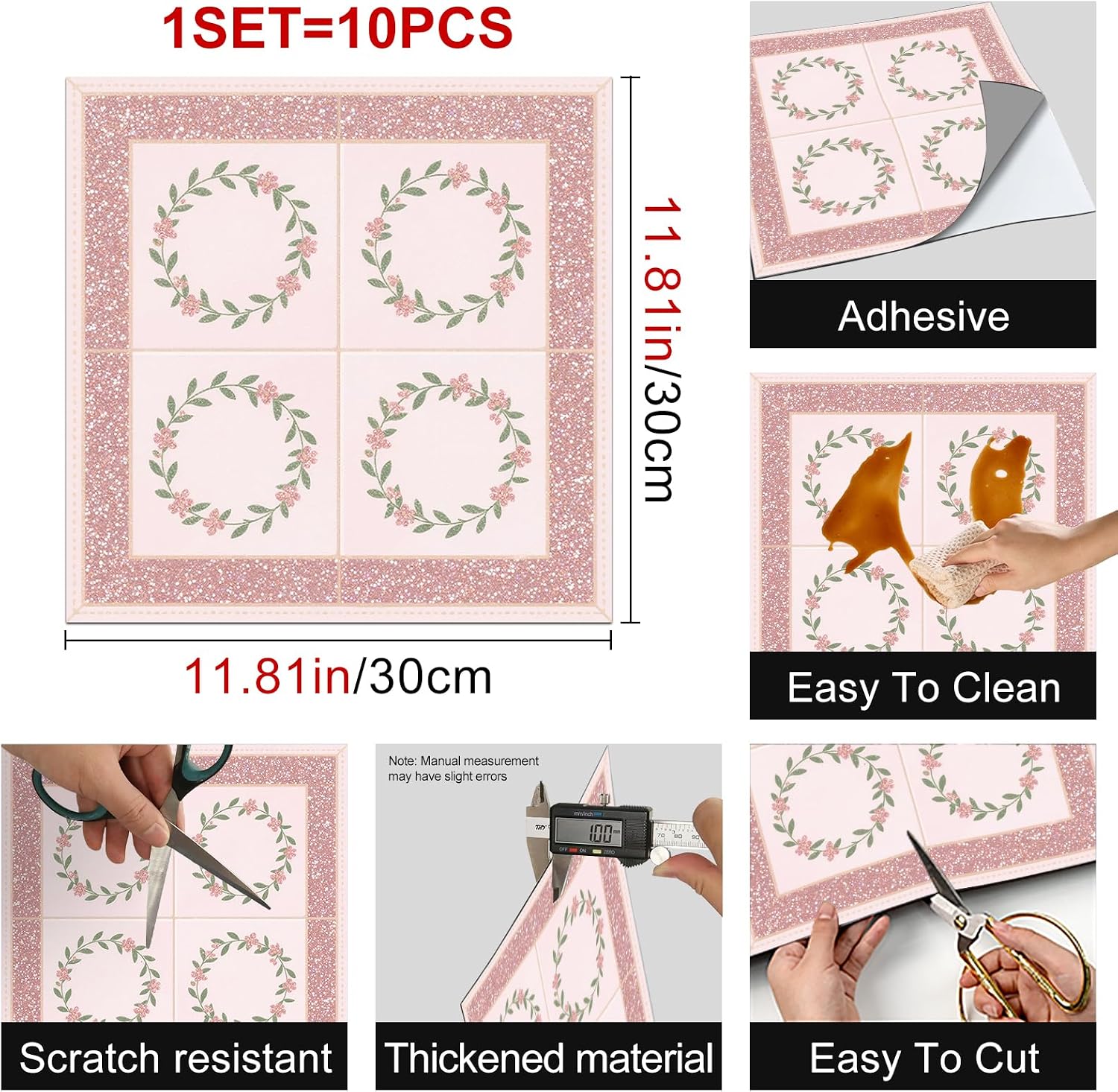 Floral Green Leaves Decorative Floor Tiles Peel and Stick Removable / Pink / 12 x 12 / Set of 10