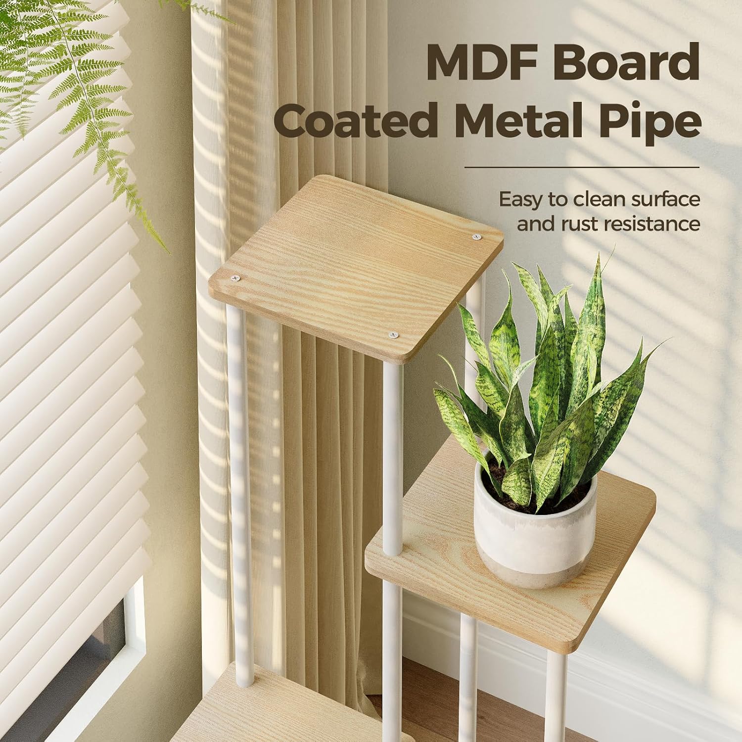 Bamworld White Plant Stand Indoor Tall Metal Wood Plant Shelf | 6 Tier Flower Stand for Patio Garden Balcony Living