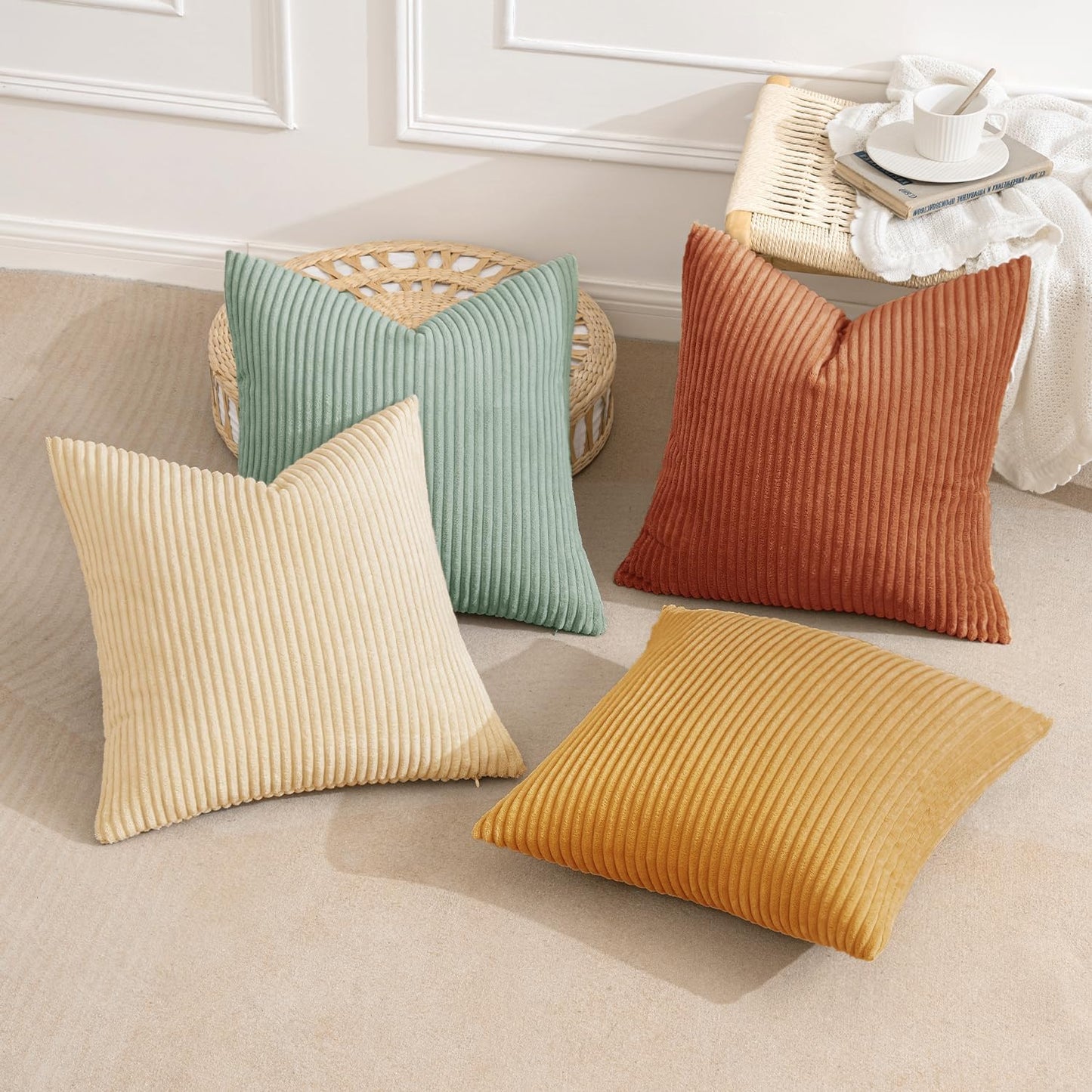 Boho Farmhouse Throw Pillow Covers Summer Modern Natural Decorative / 18 x 18 / Teal-rust / Set of 4