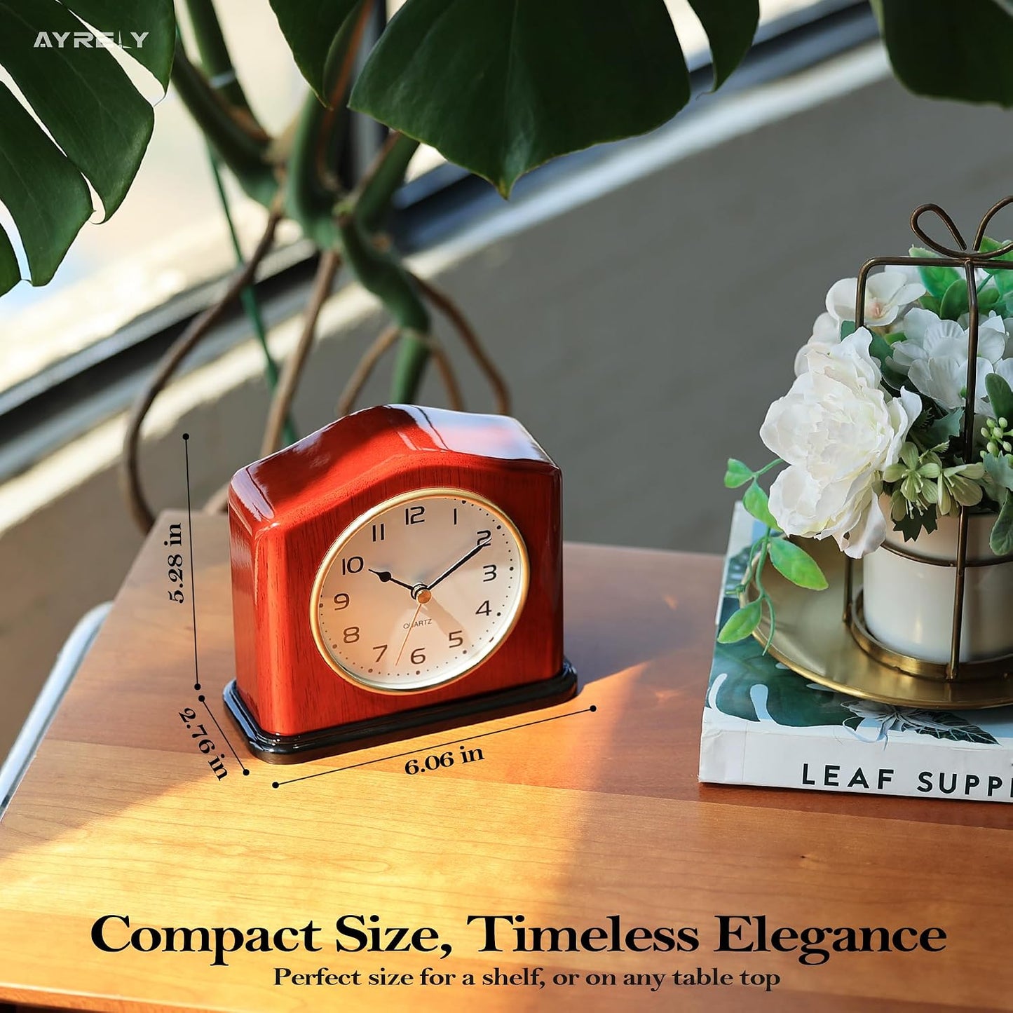 AYRELY® Mantel Clock, Handcrafted Solid Wood Desk Clock with Silent Movement, Piano-Gloss Finish, Elegant Table Clock