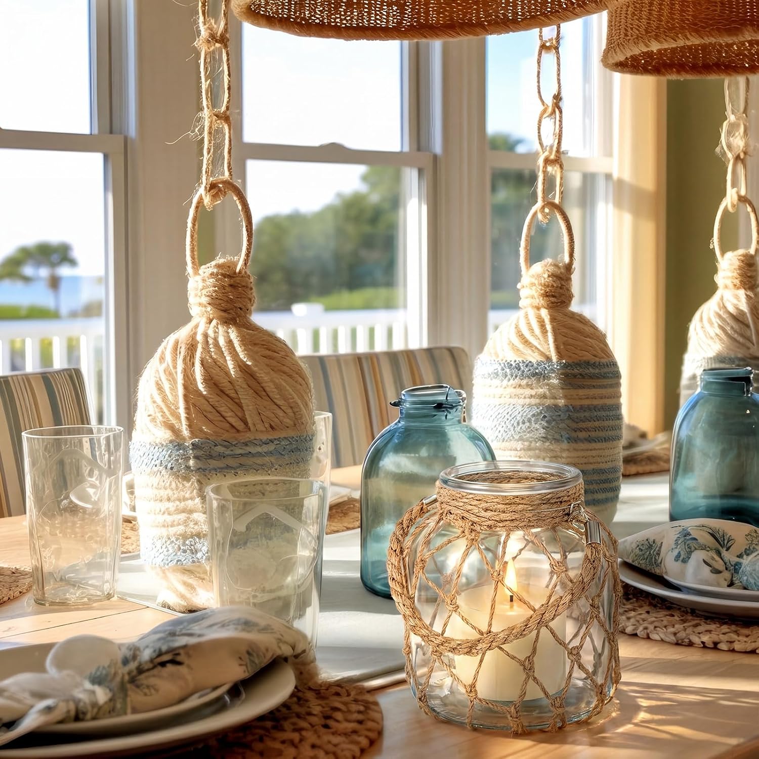 Blushtier 2 Set Nautical Lanterns Rope Handle, Glass LED Flameless,Clear | Battery Operated Light Candles, Coastal