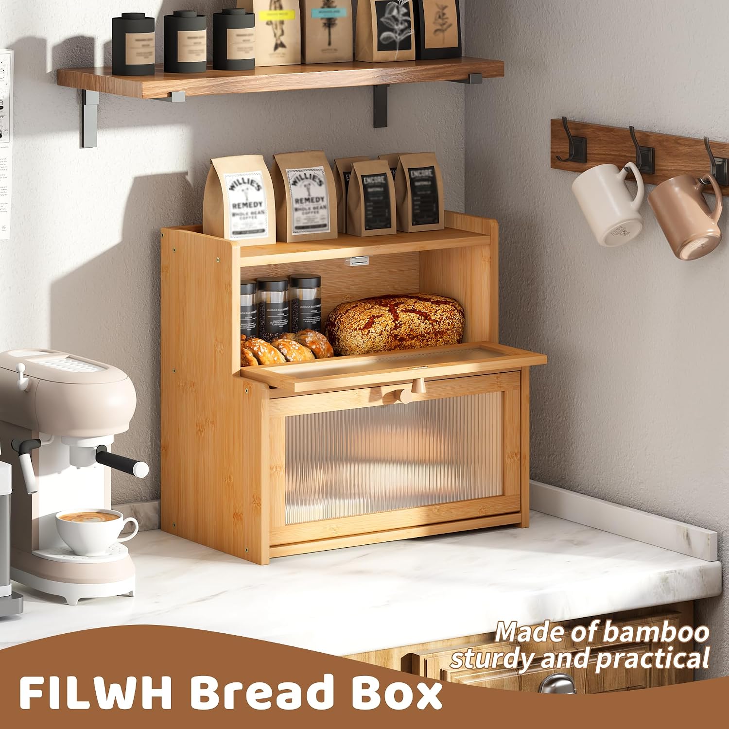 Bread Box for Kitchen Countertop Double Layer Large Corner Bread Box Capacity Bread Storage Bin Farmhouse Breadbox