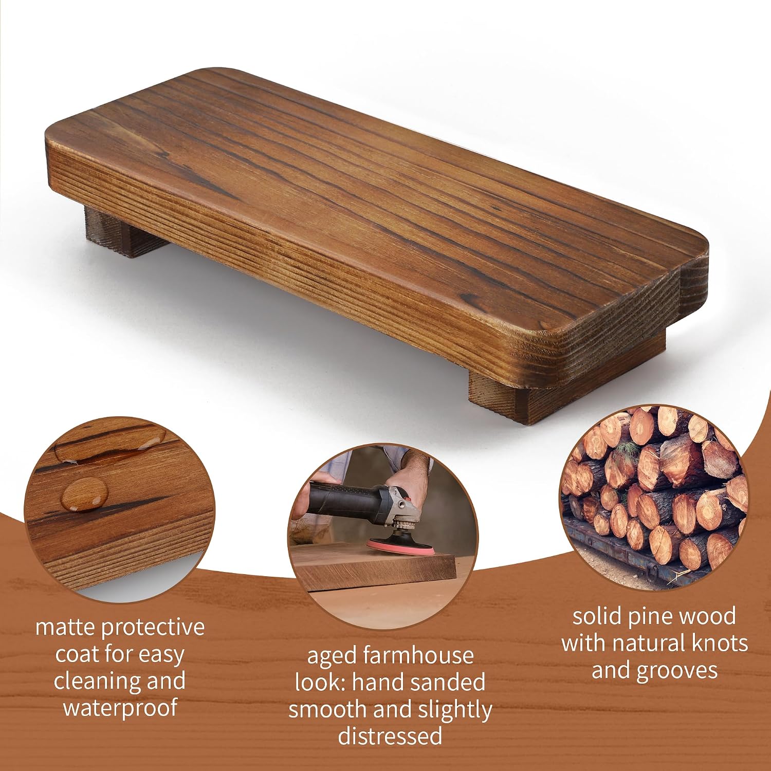 Farmhouse Wood Tray Rustic Wooden Pedestal Decorative Wood Riser / Dark Brown / 3.9"lx 1.6"W x 9"H