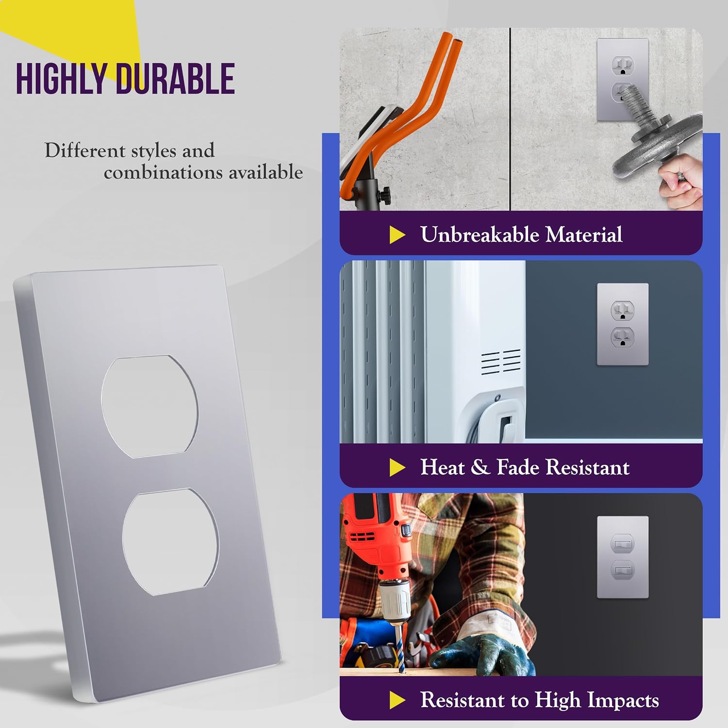 ENERLITES 5 Pack Screwless Duplex Outlet Covers Wall Plate, 1-Gang, Silver | Child safety, Elite series, modern finish