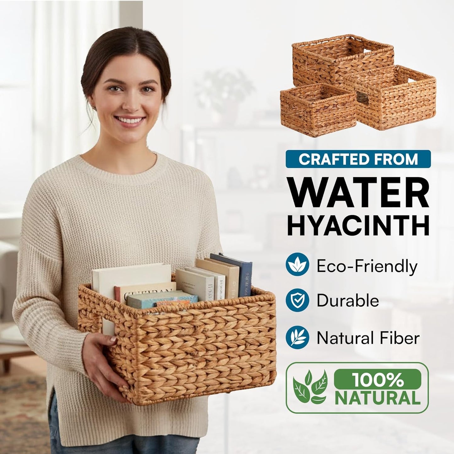 Banana Leaf Storage Baskets -Water Hyacinth Woven Basket / 9" L x 9" W x 6" H / Nested Basket Kit