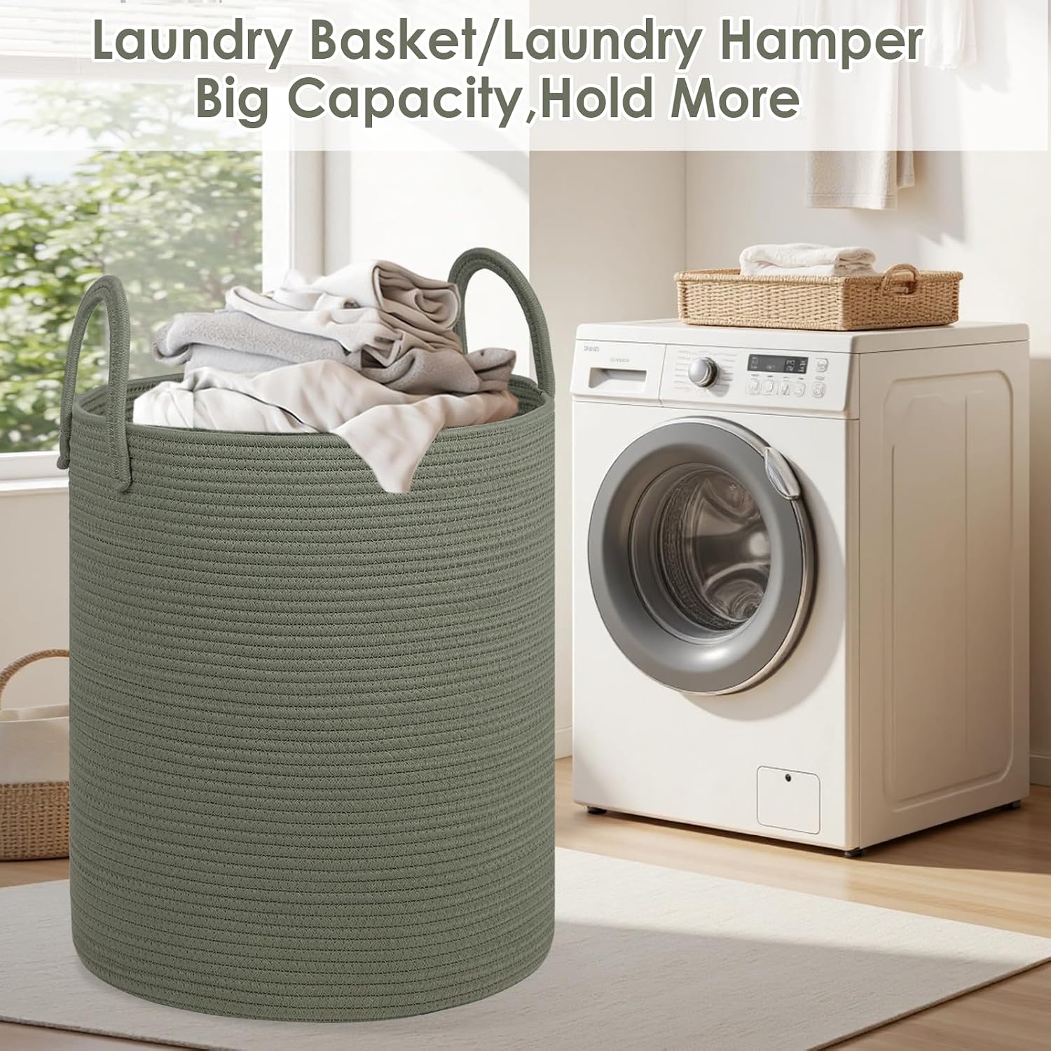 Laundry Basket / Cotton Rope Storage Basket / Green / 100L / 18 x 18 x 22