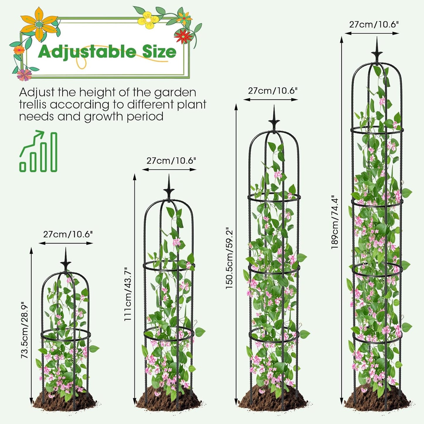 Tower Obelisk Garden Trellis for Climbing Plant，6.2FT/74.4" Rustproof Metal Potted Plant Climbing Support for Indoor