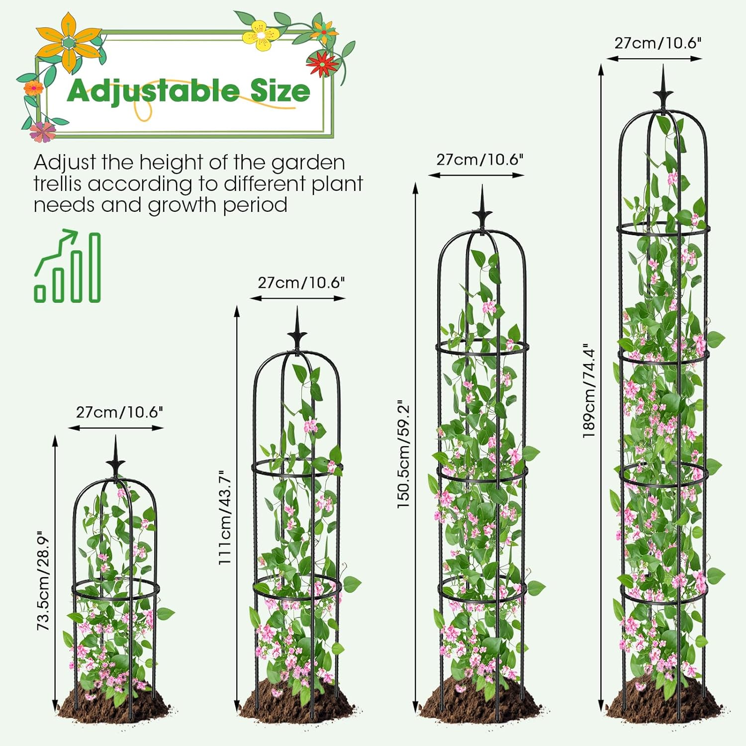 Tower Obelisk Garden Trellis for Climbing Plant，6.2FT/74.4" Rustproof Metal Potted Plant Climbing Support for Indoor
