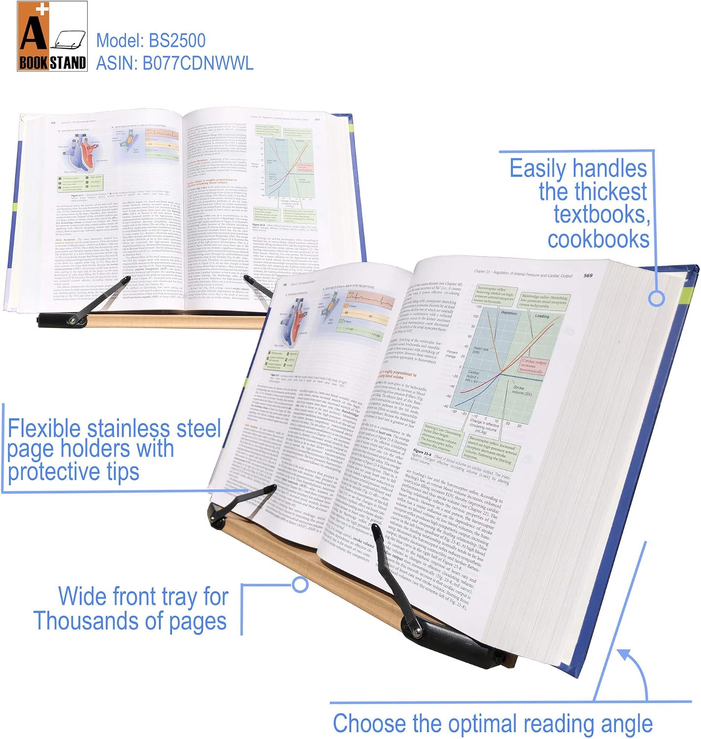 BS2500 Large 16x10.5 Portable Adjustable Foldable Bookstand Holder for Reading Hands Free Large Thick Heavy Textbooks