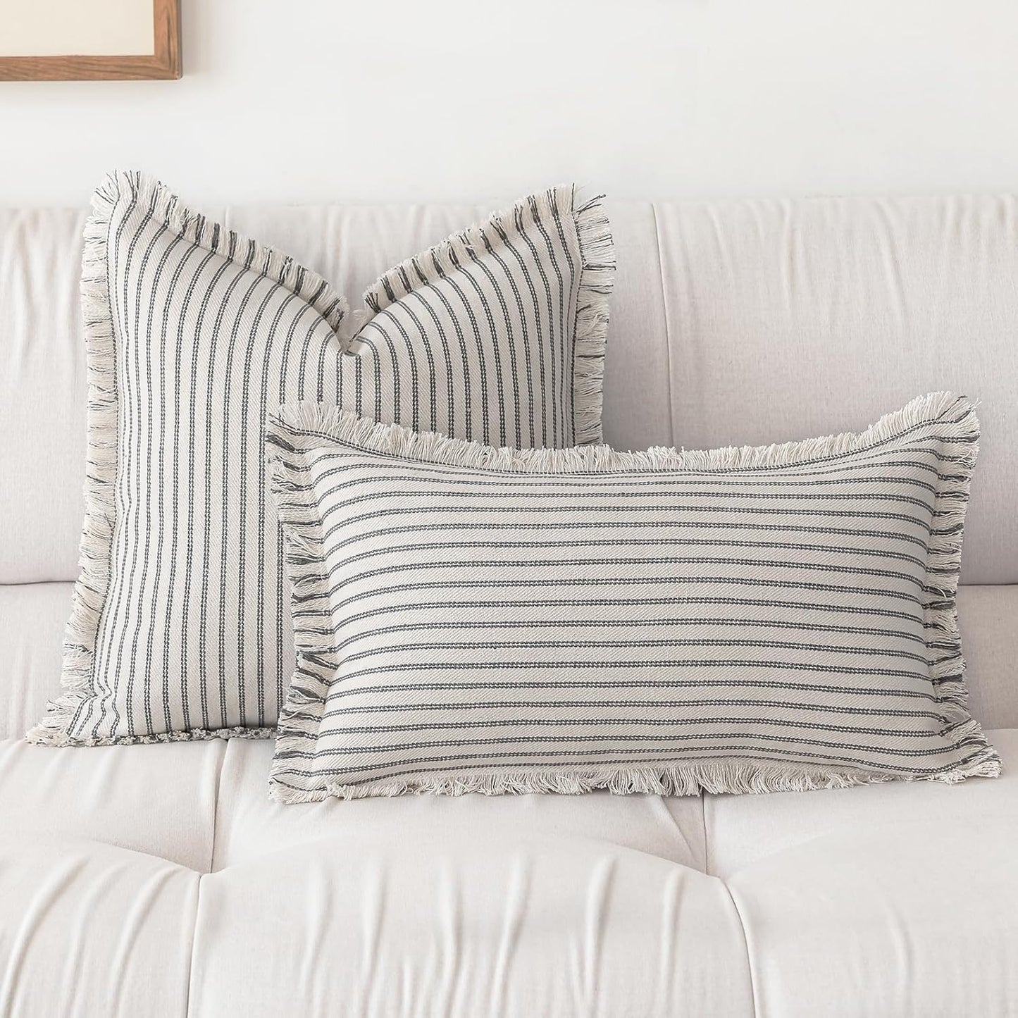 Throw Pillow Covers Striped Fringe Pillow Cover Farmhouse Cushion Covers / Grey / 24 x 24 / Set of 2