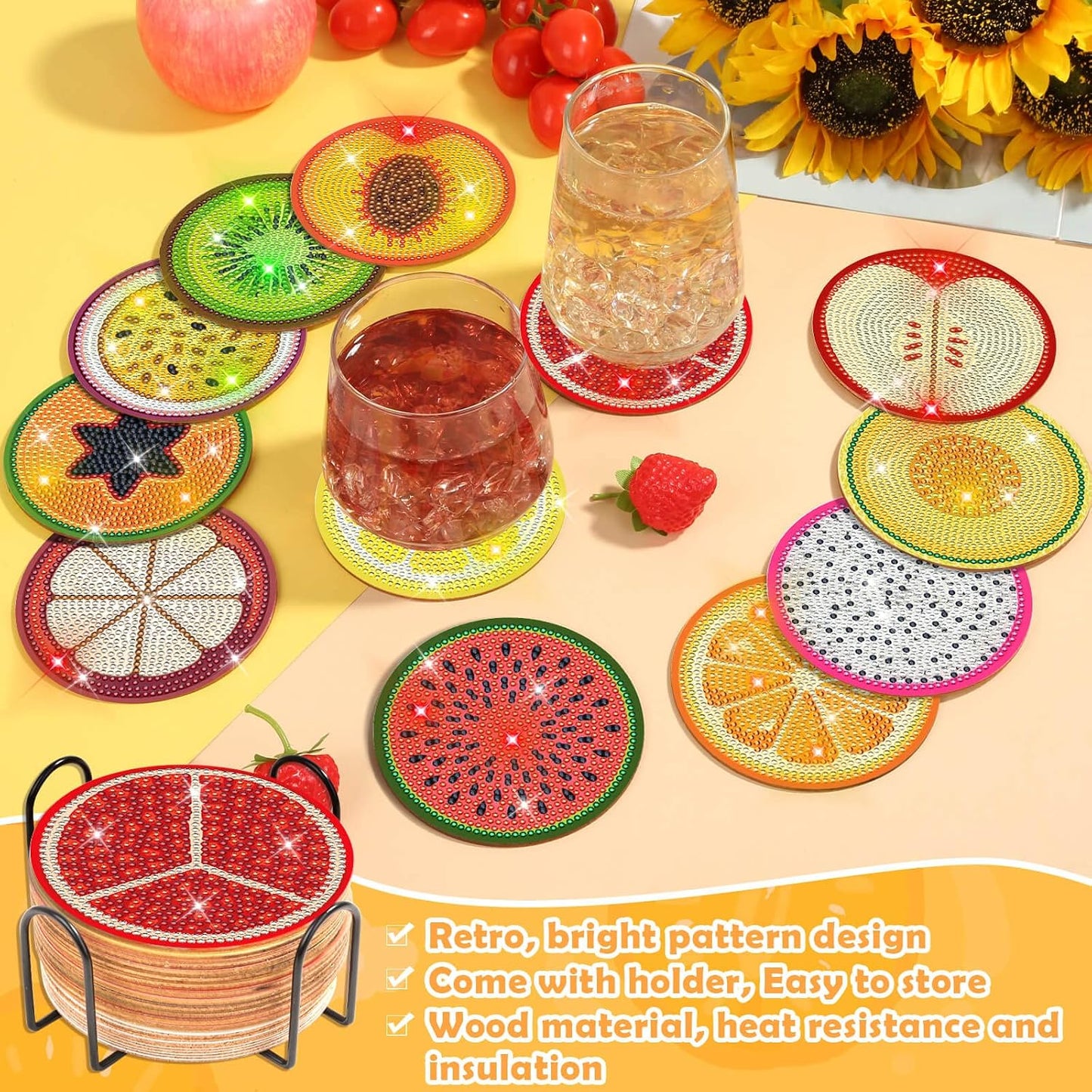 Holder / Diamond Art Coasters / Fruit / Set of 12