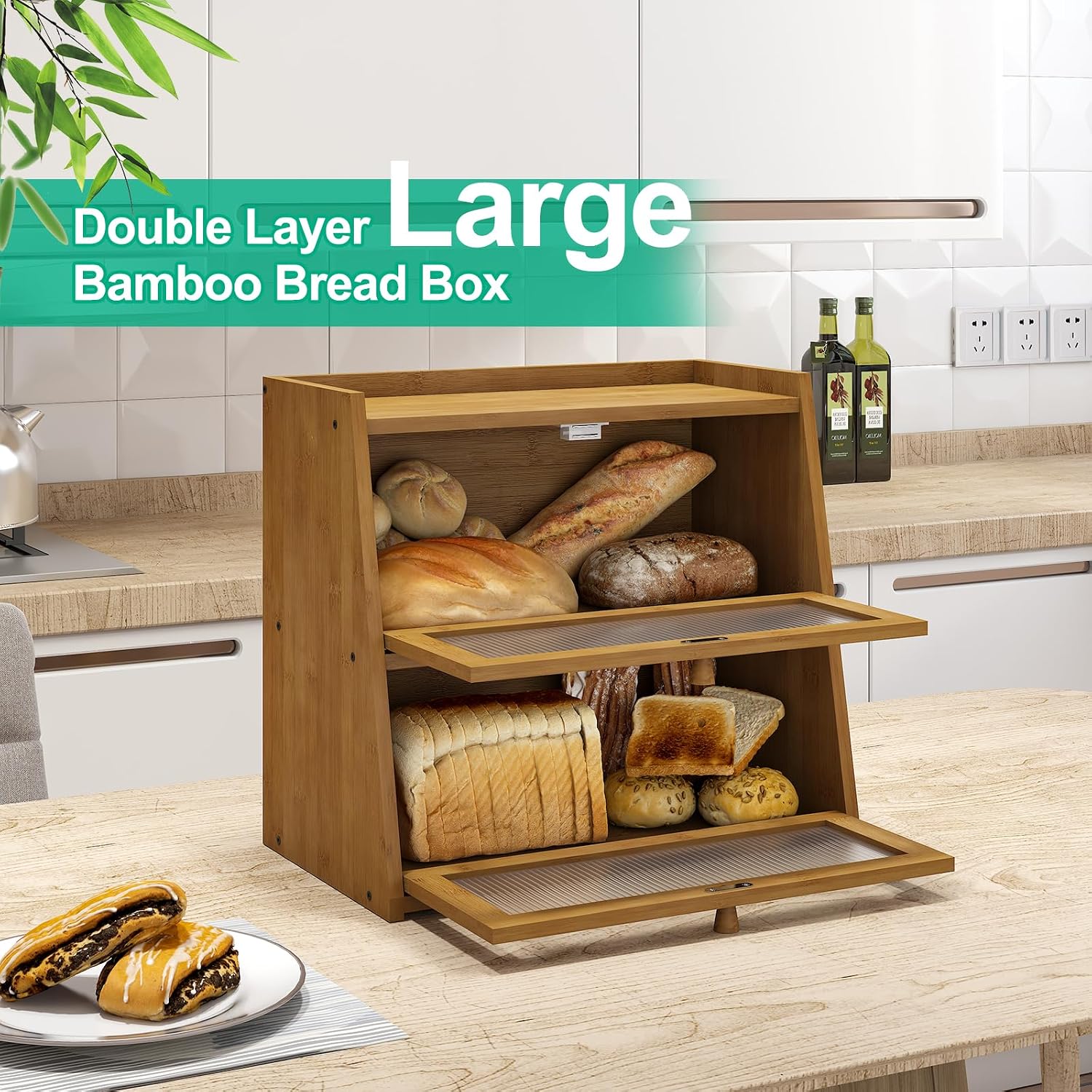 kiplant Bread Box for Kitchen Counter, Double Layer Large Bamboo Wood Bread Box, Bamboo Bread Storage Container with