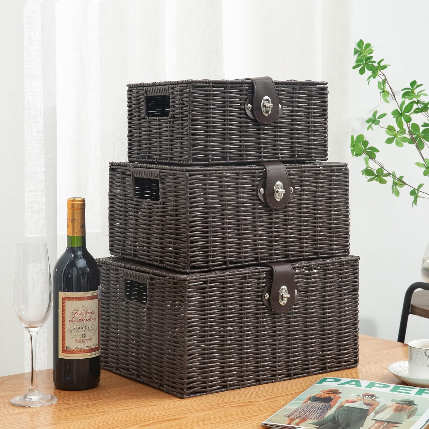 Woven Wicker Storage Basket Box / Brown / Set of 3